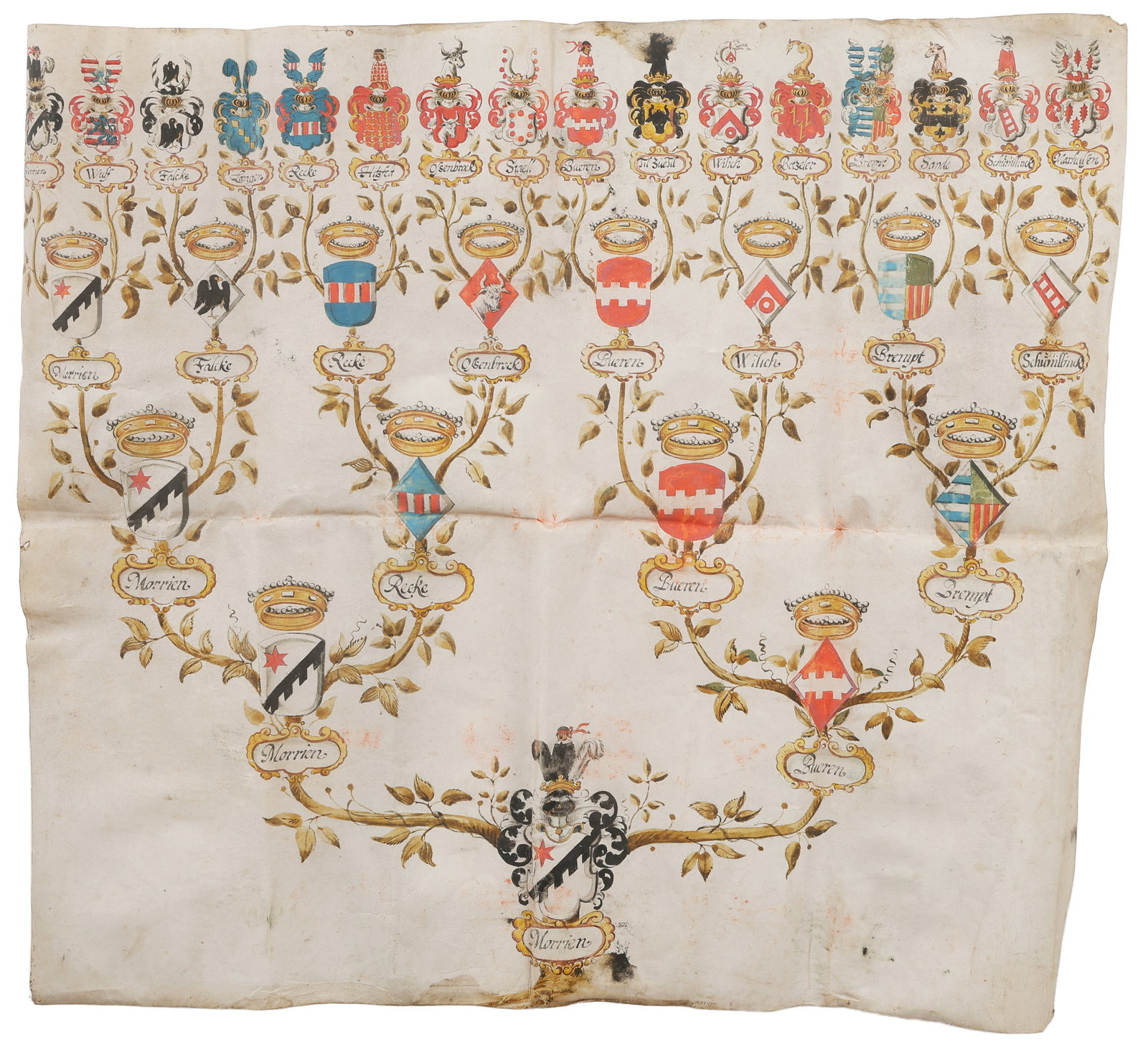 Antique Document: The Noble House of Morrien Family Tree, Germany, Ink/Paint on Parchment: Antique Document: The Noble House of Morrien Family Tree, Germany. Hand painted parchment. Marriages and lineage of members of the families: Morrien, Recke, Ossenbrock, Bueren, Brempt. Size: 21.75'' x