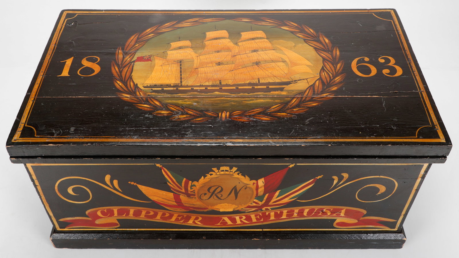 Paint Decorated Captain's Chest, 17'' x 37'' x 20'' (43 x 94 x 51 cm).: Paint Decorated Captain's Chest. 3-Masted Schooner, 1863, Clipper Arethusa. Size: Size: 17'' x 37'' x 20'' (43 x 94 x 51 cm). After making payment, all buyers must collect and remove their purchases f