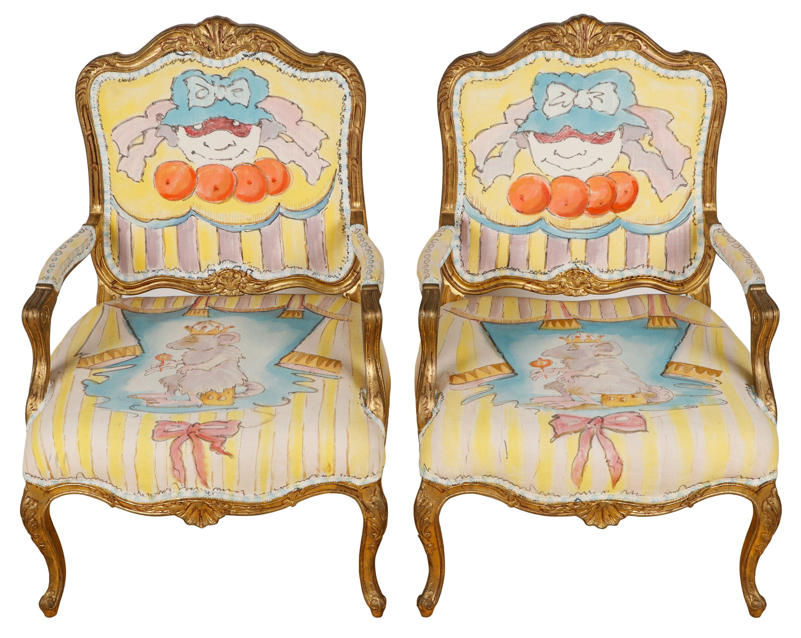 Maurice Sendak (American, 1928-2012) Pair Of Hand-Painted Chairs: Maurice Sendak (American, 1928-2012) Pair Of Hand-Painted Chairs, The Love of Three Oranges Opera. Louis XV style armchairs. With photograph of Sendak painting the chairs. Each Size: 40'' x 27'' x 23'