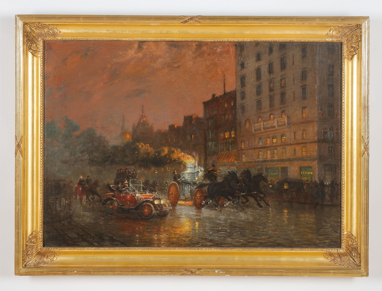 Walter F. Lansil (American, 1846-1925) Painting, "Responding to the Alarm," 1907, 28" x 40": Walter Franklin Lansil (American, Maine, 1846-1925) "Responding to the Alarm," 1907, oil painting on canvas, signed. Framed. Size: 28'' x 40'', 71 x 102 cm (stretcher); 34.5'' x 46.5'', 88 x 118 cm (f
