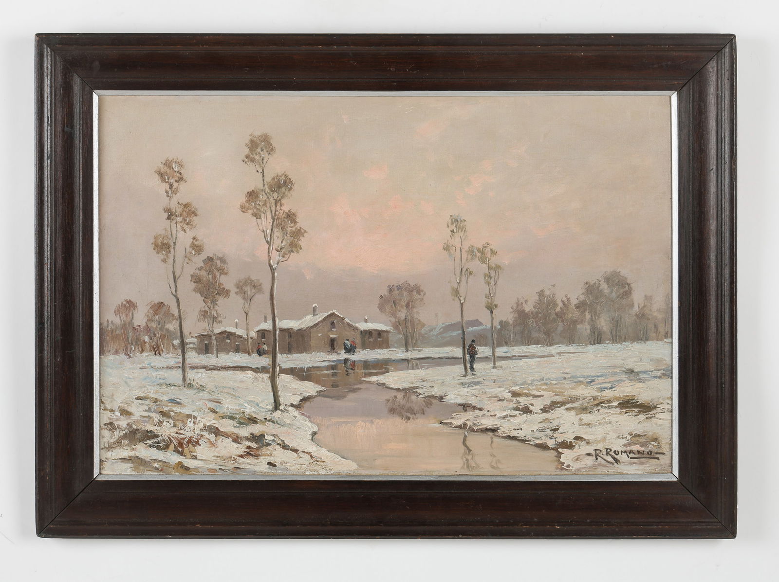 Romolo Romano (Italian, 1884-1916) Painting "Winter Landscape," 20" x 30": Romolo Romano (Italian, 1884-1916) Untitled (Winter Landscape), oil painting on canvas, signed. Framed. Size: 20'' x 30'', 51 x 76 cm (stretcher); 26'' x 36'', 66 x 91 cm (frame).