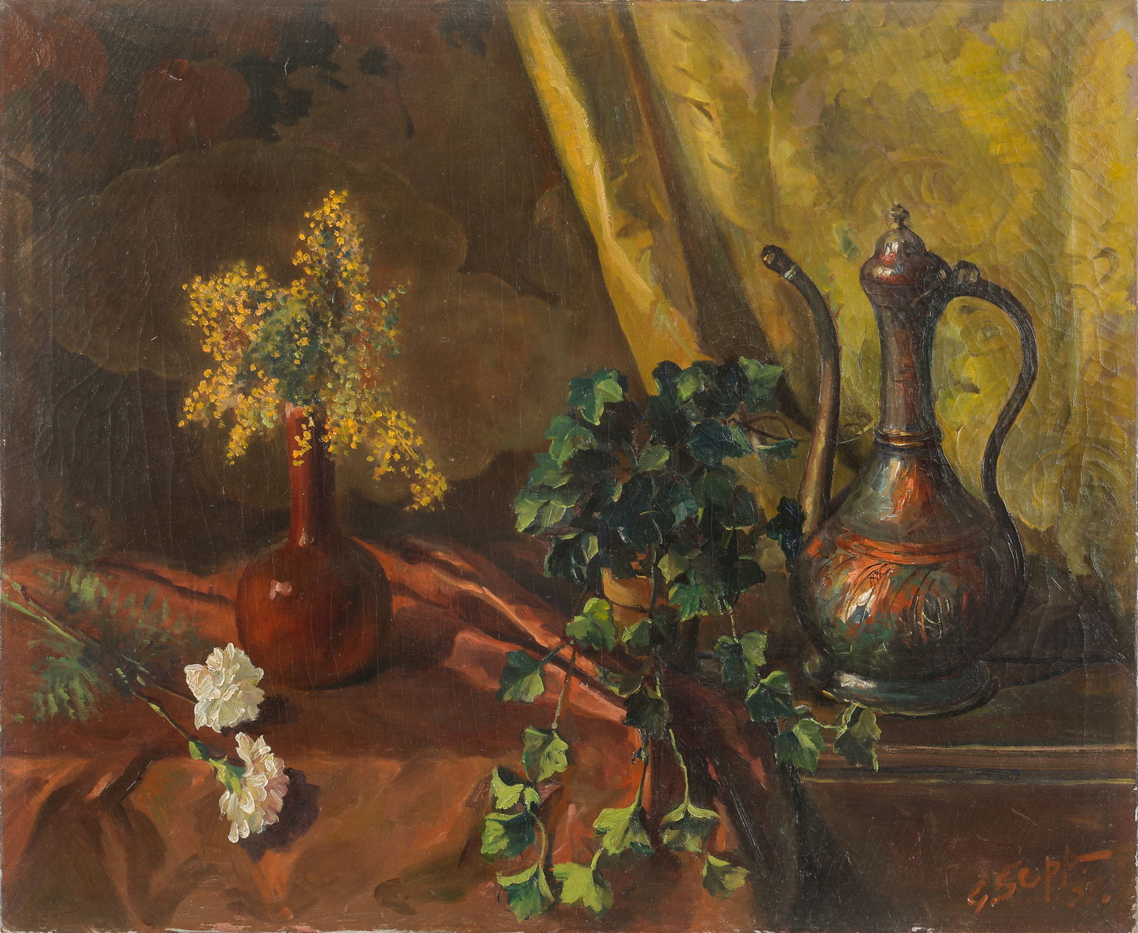 George Sepp (American, 1884-1958) Still Life Painting, 1939, 30" x 36": George Sepp (American, 1884-1958) Untitled (Still Life), 1939, oil painting on canvas, signed and dated. Unframed. Size: 30'' x 36'', 76 x 91 cm (stretcher).