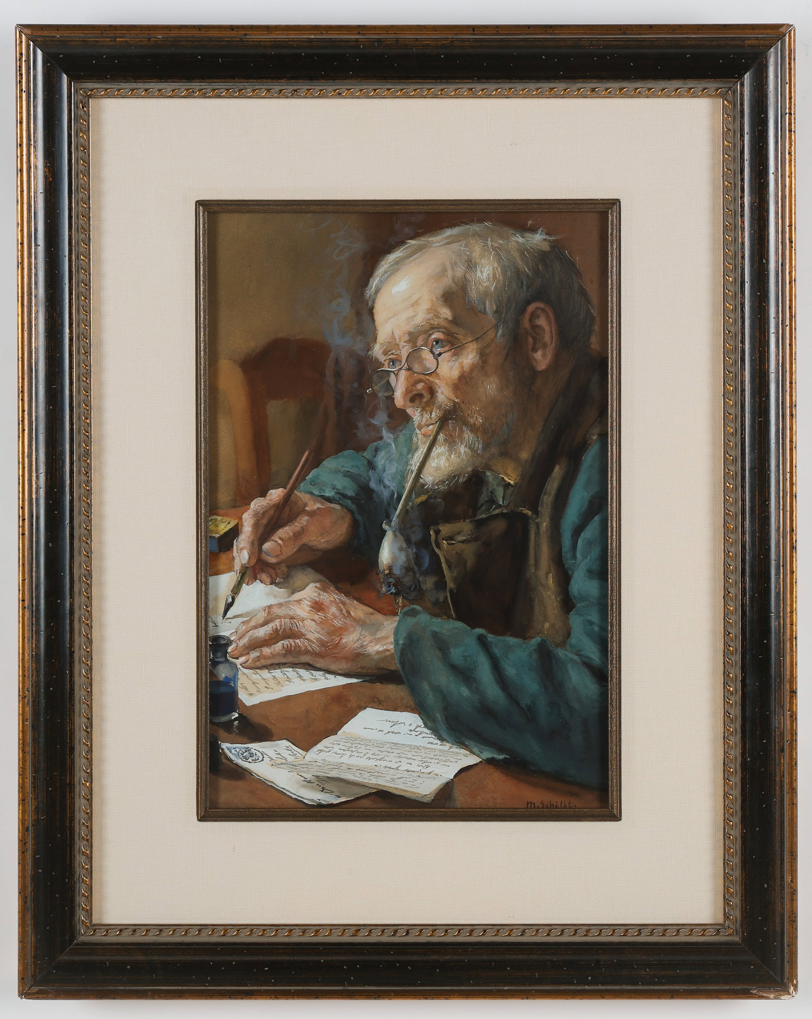 Martin Schildt (Rotterdam, 1867-1921) "The In-Charge Clerk," Watercolor, 19" x 12": Martin Schildt (Rotterdam, 1867-1921) "The In-Charge Clerk," watercolor, signed. Glazed, matted and framed. Size: 19'' x 12.5'', 48 x 32 cm (sight); 30.5'' x 24'', 77 x 61 cm (frame).