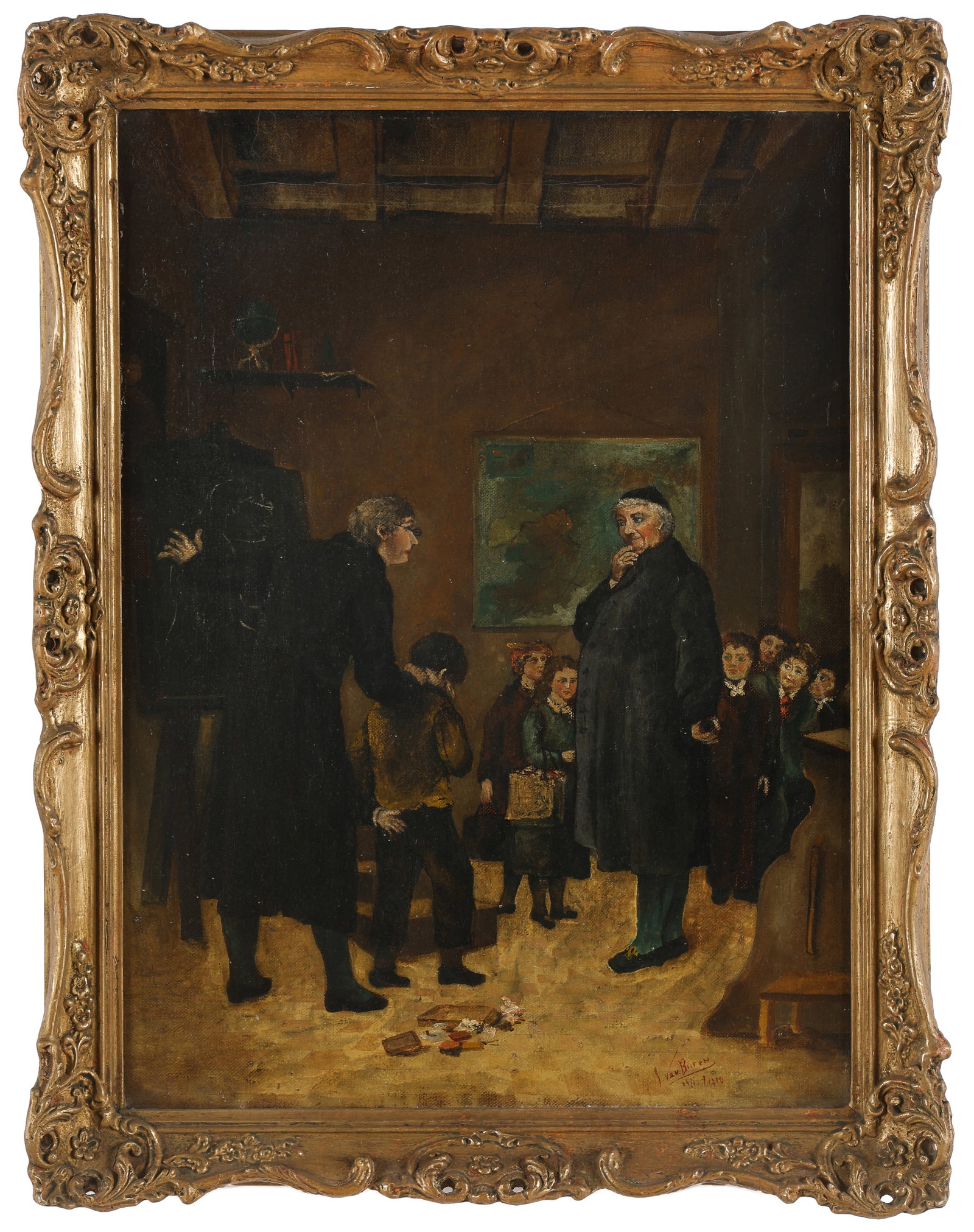 Antique Continental Oil Painting, C. 1810, 19" x 14": Antique Continental Genre Painting. Untitled (Before The School Master), oil painting on canvas, signed: J. Van Buren and dated 1810. Framed. Size: 19'' x 14'', 48 x 36 cm (stretcher); 22'' x 17'', 56