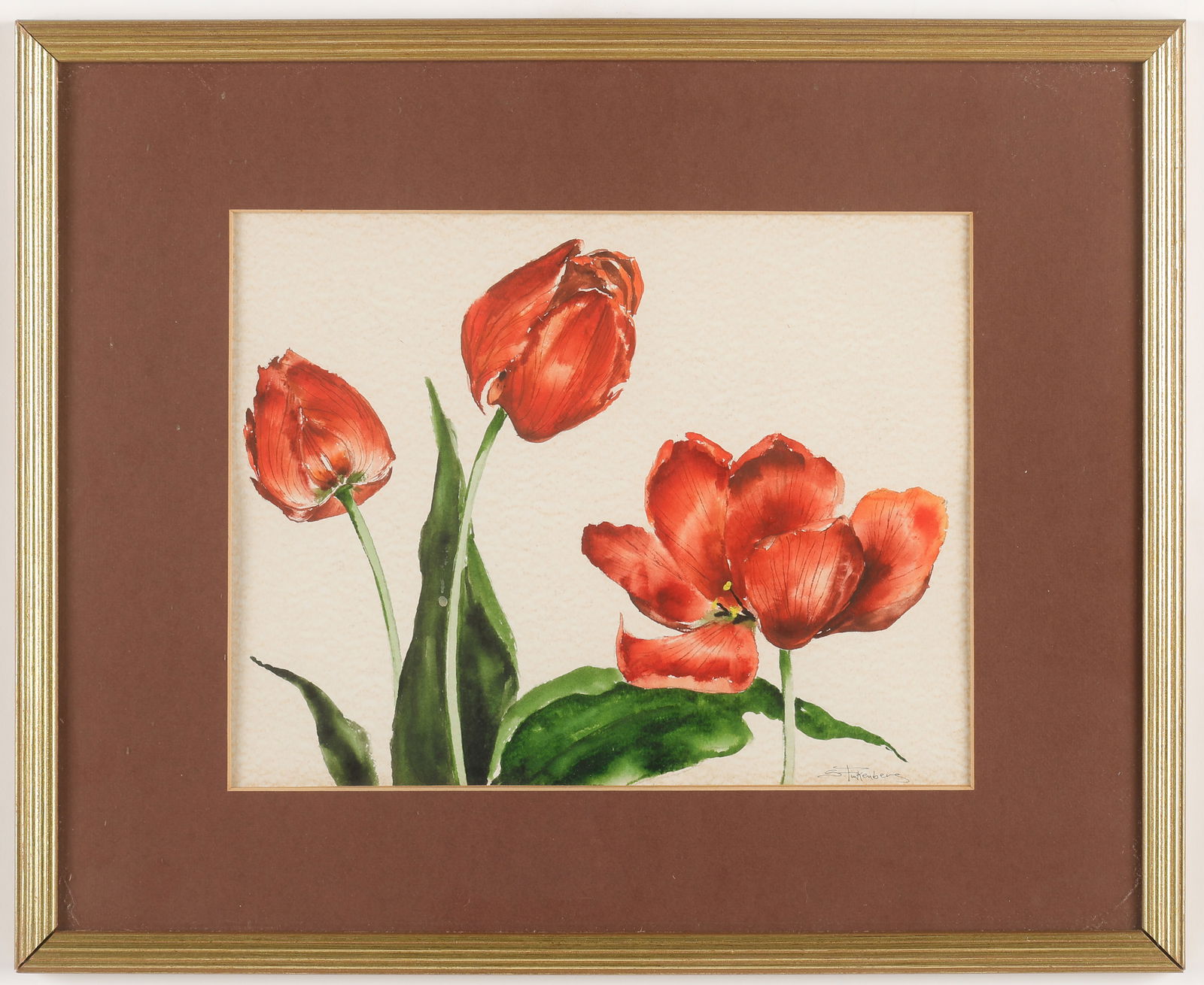 Sandra Finkenberg (American, 20th c.) Still Life, Watercolor: Sandra Finkenberg (American, 20th c.) Untitled (Flower Still Life), watercolor painting on paper, signed. Framed. Size: 10.25'' x 13.25'', 26 x 34 cm (sight); 17.25'' x 21.25'', 44 x 54 cm (frame).