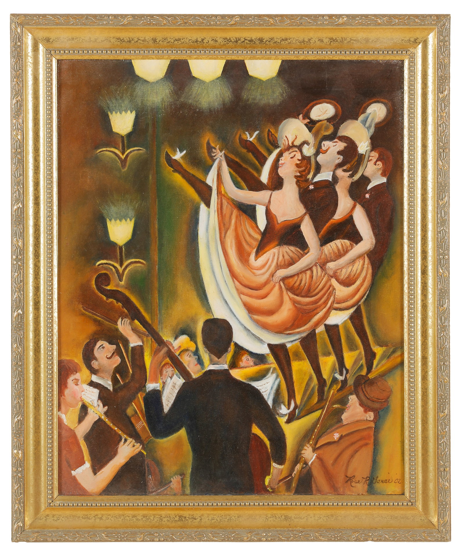 Burlesque Painting "Can Can Line," Signed, Oil Painting, 24" x 20": Burlesque Painting "Can Can Line," oil on canvas, signed and dated: "Rose. R. Garai '02." Framed. Size: 20'' x 16'', 51 x 41 cm (stretcher); 24'' x 20'', 61 x 51 cm (frame).