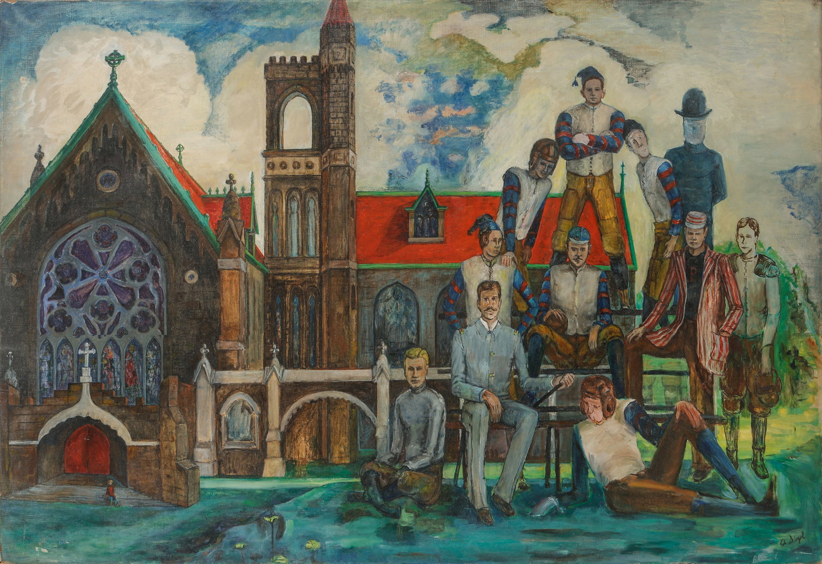 Surrealist Oil Painting, Artist Unknown, 36" x 52": Unknown Artist. Untitled oil painting on canvas, signed illegibly. Unframed. Size: 36'' x 52'', 91 x 132 cm (stretcher).