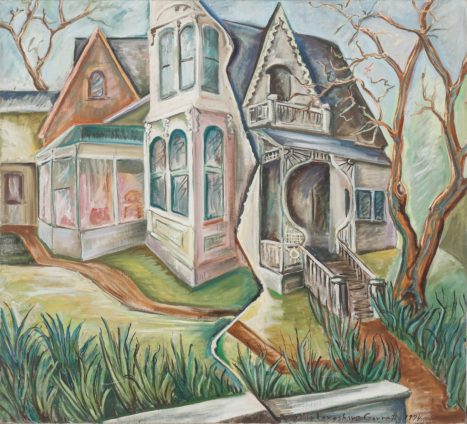 Priscilla L. Garrett (1907-1992) Painting "A Victorian House," 1974, 36" x 40": Priscilla Longshore Garrett (American, 1907-1992) "A Victorian House," 1974, oil painting on canvas, signed, titled, and dated. Unframed. Size: 36'' x 40'', 91 x 102 cm (stretcher).