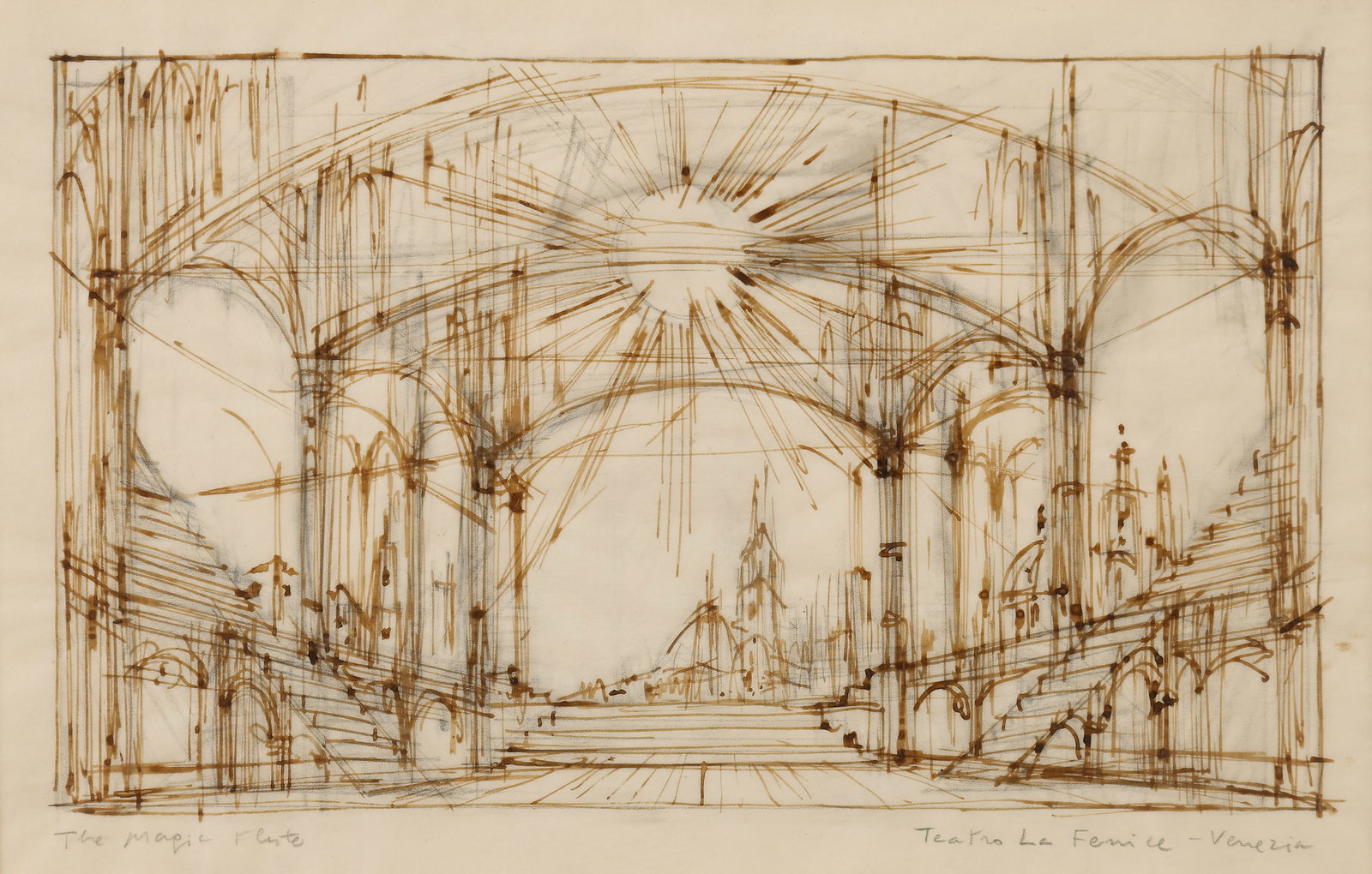 Beni Montresor (1926-2001) Ink Drawing "The Magic Flute, Teatro Le Fenice - Venezia" 7" x 11": Benito "Beni" Montresor (Italian, 1926-2001) "The Magic Flute, Teatro Le Fenice - Venezia," mixed media ink and graphite drawing on paper, preliminary sketch. On Mat. Size: 7'' x 11'', 18 x 28 cm (ima