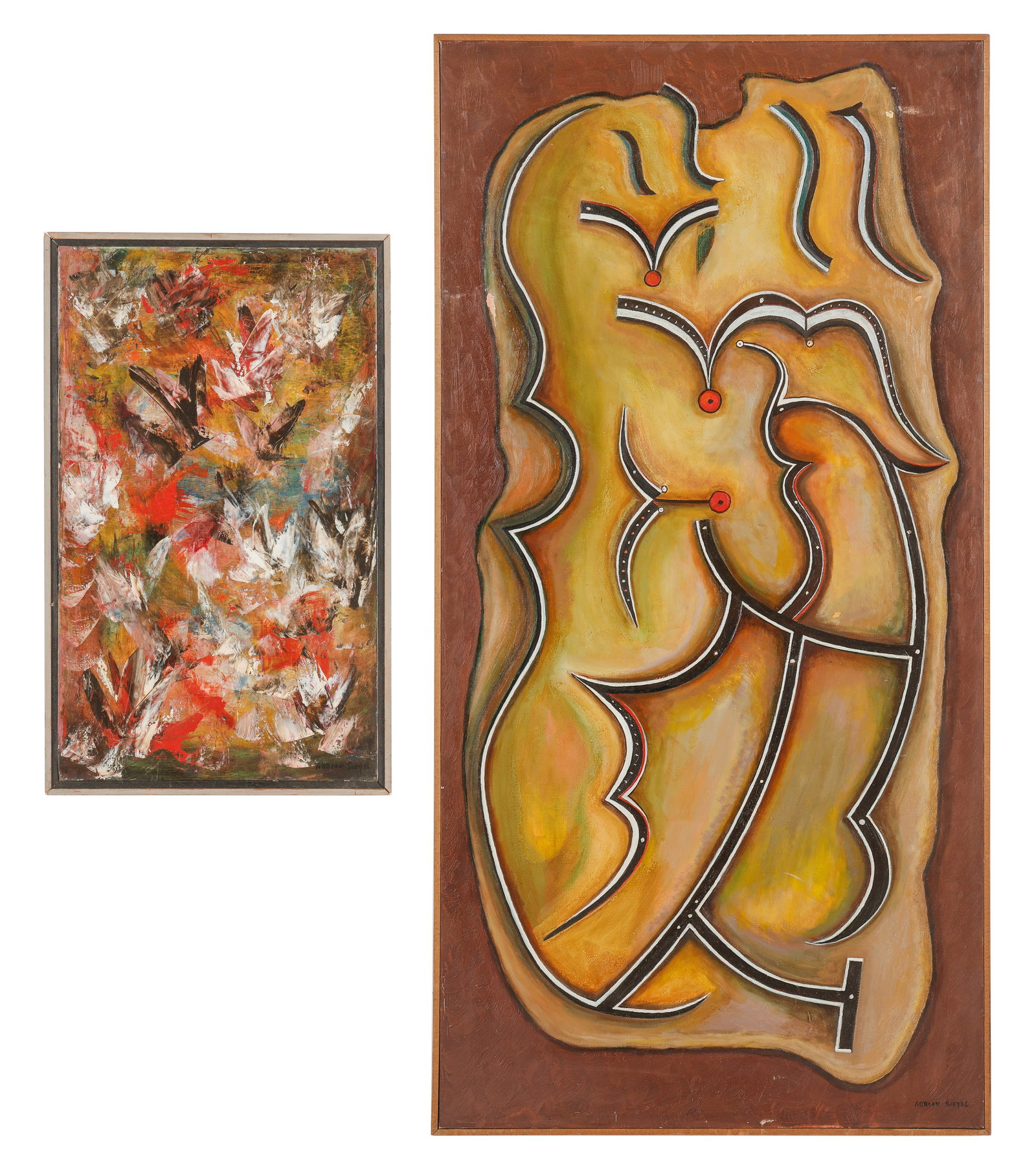 Adrian Siegel (American, 1898-1978) 2 Abstract Paintings: Adrian Siegel (American, 1898-1978) 2 Works. 1) "Flight," 1962, oil on canvas, titled, signed, dated. Framed. Size: 20'' x 12'', 51 x 30 cm (stretcher); 21.25'' x 13'', 54 x 33 cm (frame). 2) "Pretent