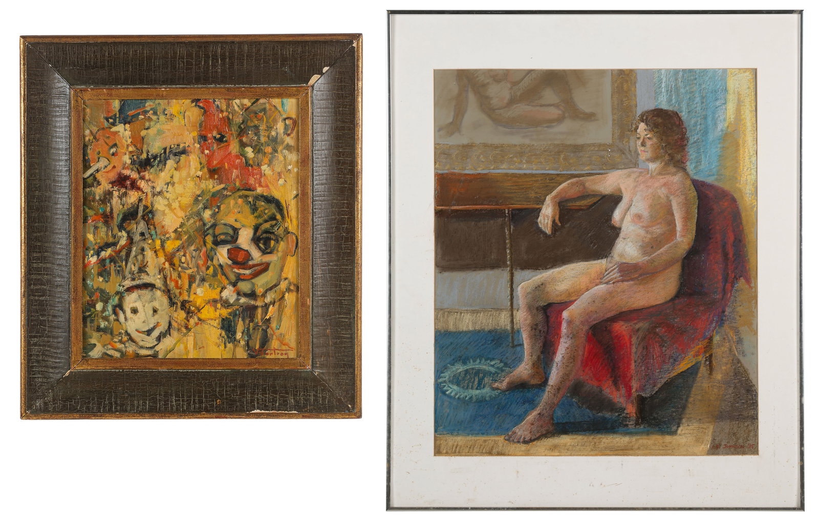 2 Vintage Oil Paintings, Helen Sewell Johnson And Artist Unknown: 2 Artworks. V. Bartrom (American, 20th C.) "Clowns and Confetti," oil painting on canvas, signed. Framed. Size: 18'' x 15'', 46 x 38 cm (stretcher); 26.25'' x 23.25'', 67 x 59 cm (frame). 2) Helen Sew