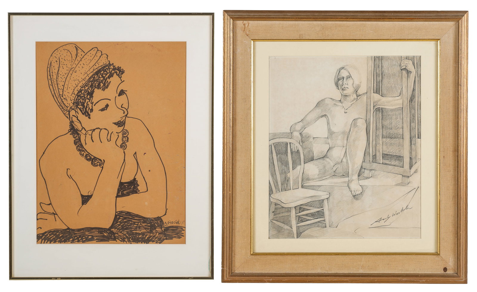 2 Vintage Works on Paper, Zoltan Hecht And Artist Unknown: 2 Artworks. 1) Zoltan Hecht (American/Hungarian, 1890-1968) "Woman Wearing A Turban," 1962, flow pen and ink on paper, signed and dated. Framed. Size: 22.75'' x 16.75'', 58 x 43 cm (sight); 30.25'' x