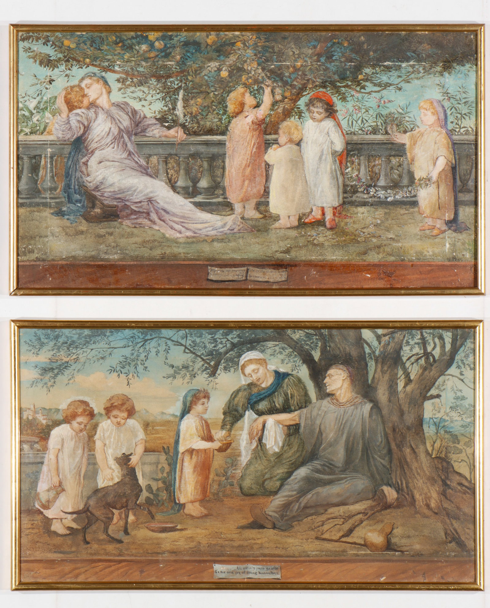 2 English School Watercolor Paintings, 1889,"All Wordly Joyues Go Lesse": 2 English School Paintings, 1889. "All Wordly Joyues Go Lesse" 1889. Watercolor and gouache, inscribed: ALL WORDLY JOYUES GO LESSE/ TO THE ONE JOY OF DOING KINDNESSES. Together with a companion by the