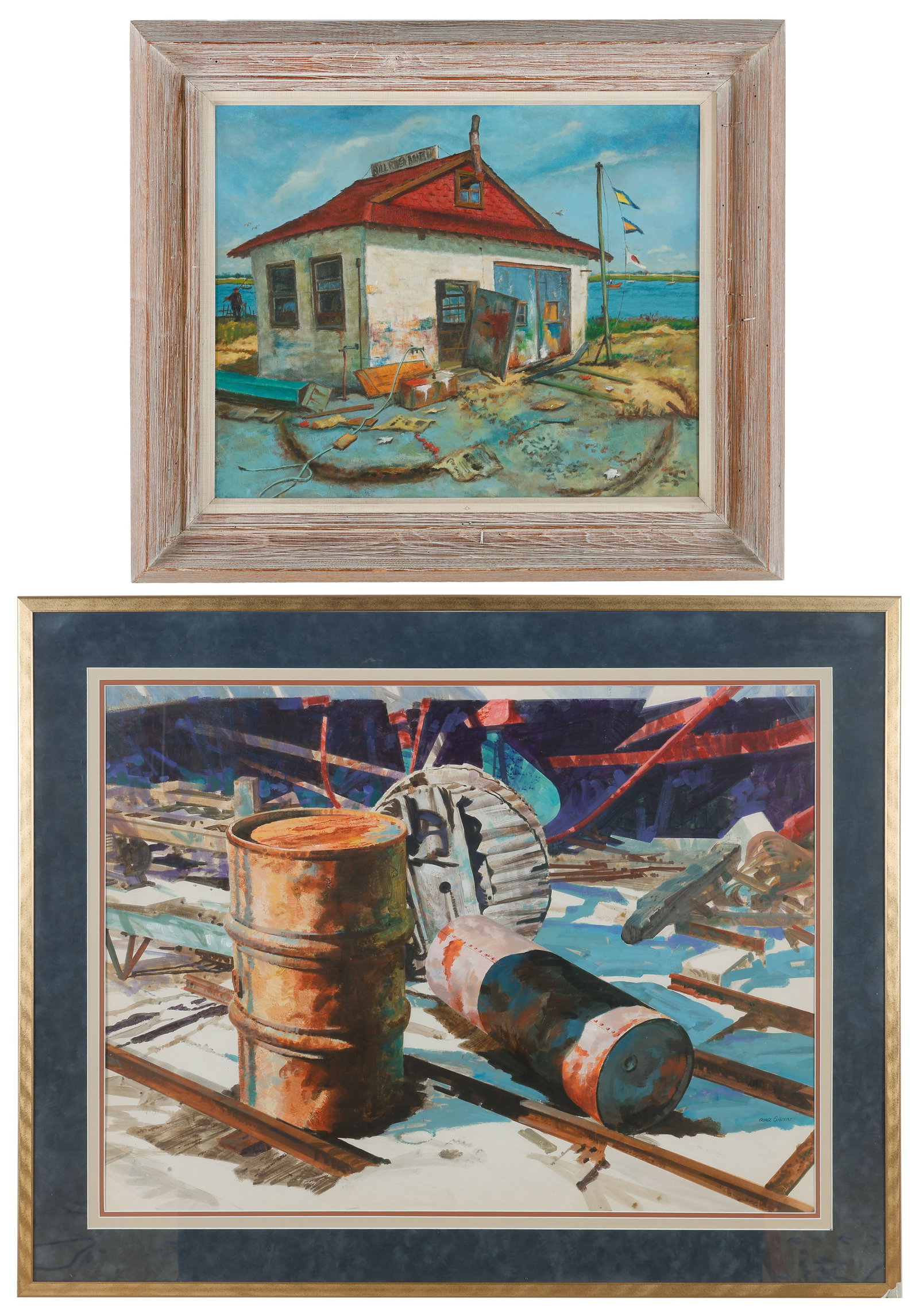 2 Paintings By M. Lichtenberg And George Euglert, 22" x 27"; 28" x 38": 2 Framed Artworks. 1) M. Lichtenberg, "Mill River Boats," 1958, oil on canvas, signed and dated. Framed. Size: 22'' x 27'', 56 x 69 cm (frame). 2) George Euglert, Untitled (oil drums), watercolor, sig
