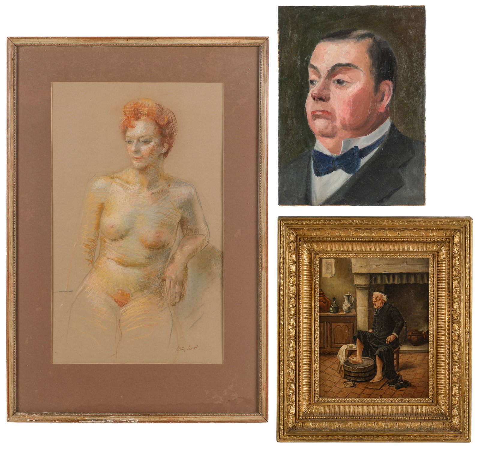 3 Vintage Paintings; Politician, Seated Nude, Priest Soaking His Feet: 3 Artworks. 1) Unknown Artist, "Politician," c. 1930, Dec. 11, oil painting on canvas laid on plywood, titled, dated, signed illegibly. Size: 15.5'' x 11.5'', 39 x 29 cm (canvas). 2) "Seated Nude", pa