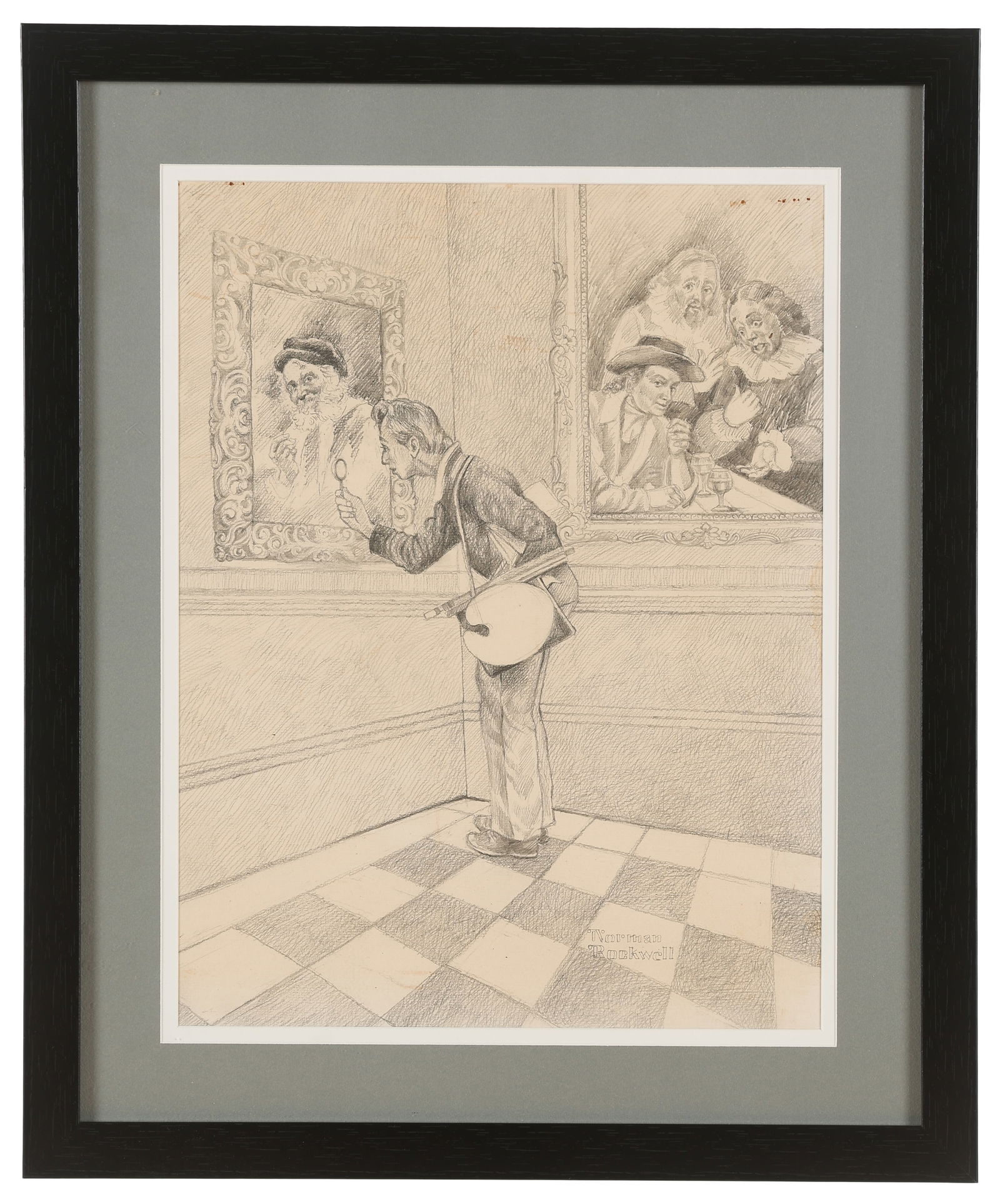 After Norman Rockwell, "The Art Critic" Pencil Drawing: Pencil Study: "The Art Critic," graphite on paper, bears signature: Norman Rockwell. Framed. Size: 16.75'' x 12.5'', 43 x 32 cm (image); 22.75'' x 18.75'', 58 x 48 cm (frame). Based on cover art for t
