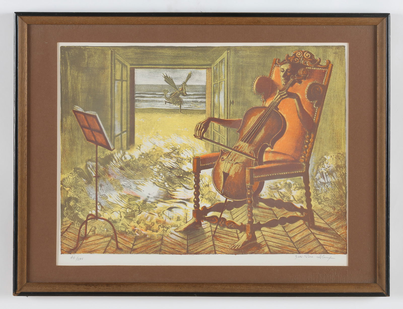 Jean-Pierre Alaux (French, 1925-2020) Limited Edition Signed Lithograph: Jean-Pierre Alaux (French, 1925-2020) "Violoncelliste," original lithograph, signed and numbered: 44/275. Framed. Includes certificate of authentication from the Societe de Verification de la Nouvelle