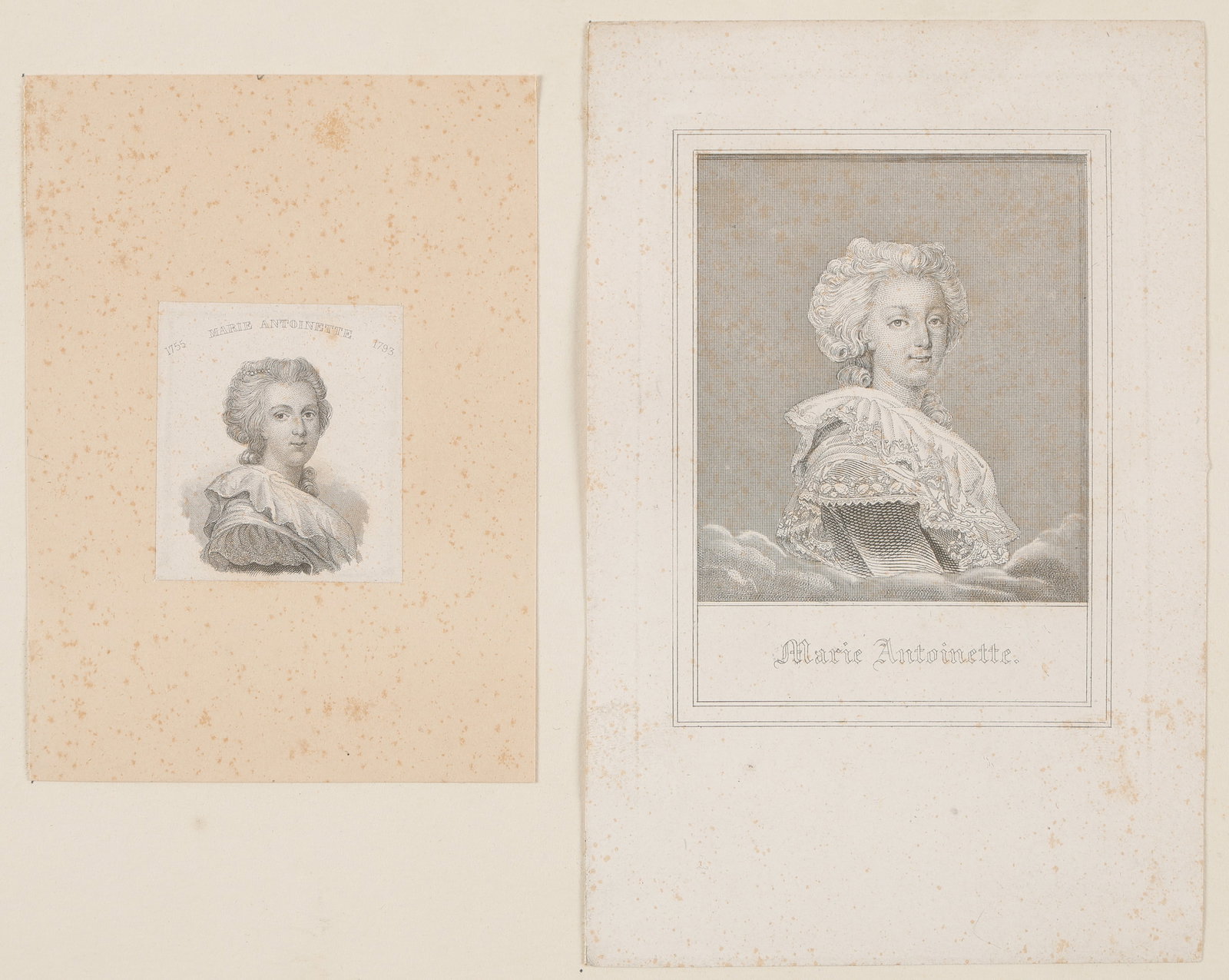 Two Antique Prints, Small Engraved Portraits Of Marie Antoinette: Two Antique Prints, Small Engraved Portraits Of Marie Antoinette. Adhered to sheet. Unframed. Sizes: 1) 2'' x 1.75'', 5 x 4 cm (image); 2) 3'' x 2.5'', 8 x 6 cm (image); 3) 9.5'' x 14.25'', 24 x 36 cm
