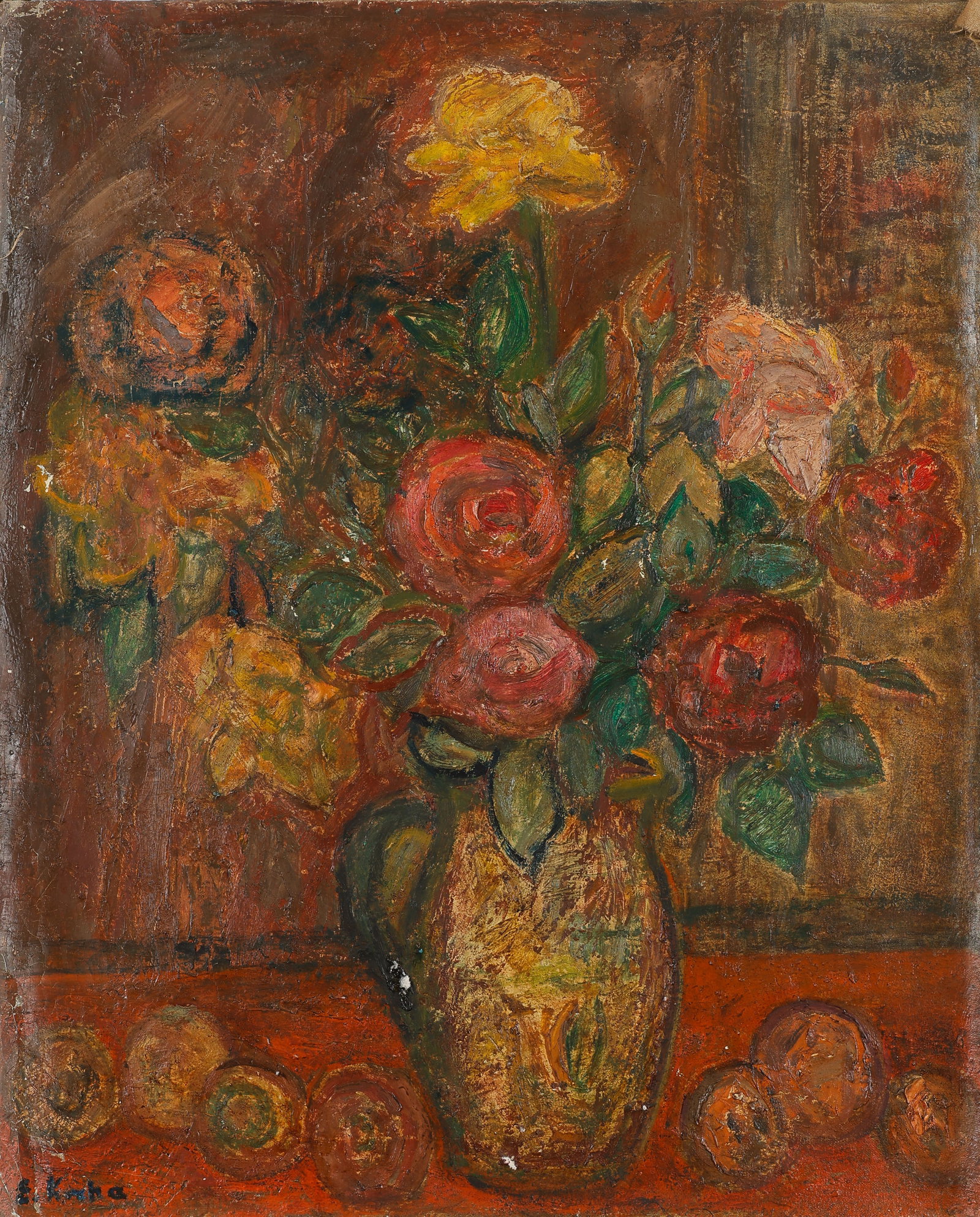 Emil Krcha (Polish, 1894-1972) Still Life, Oil Painting, 25" x 21": Emil Krcha (Polish, 1894-1972) Still Life, oil painting on unstretched canvas, signed. Unframed. Size: 25'' x 21'', 64 x 53 cm (canvas).