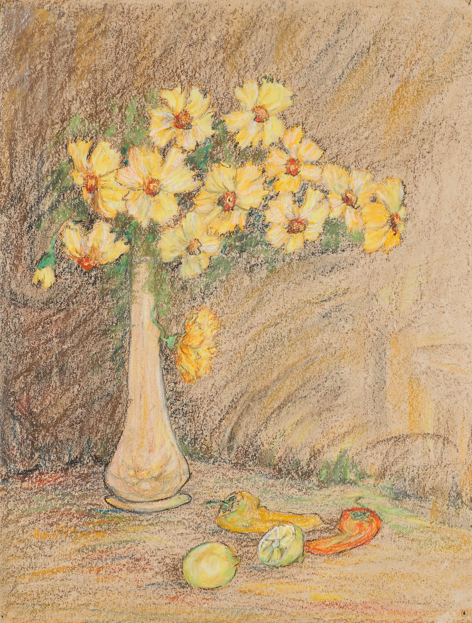 Continental Still Life, Pastel Drawing, 25" x 19": Continental Pastel Drawing. Still Life, pastel on cardboard, signed illegibly. Unframed. Size: 25'' x 19'', 64 x 48 cm (board).
