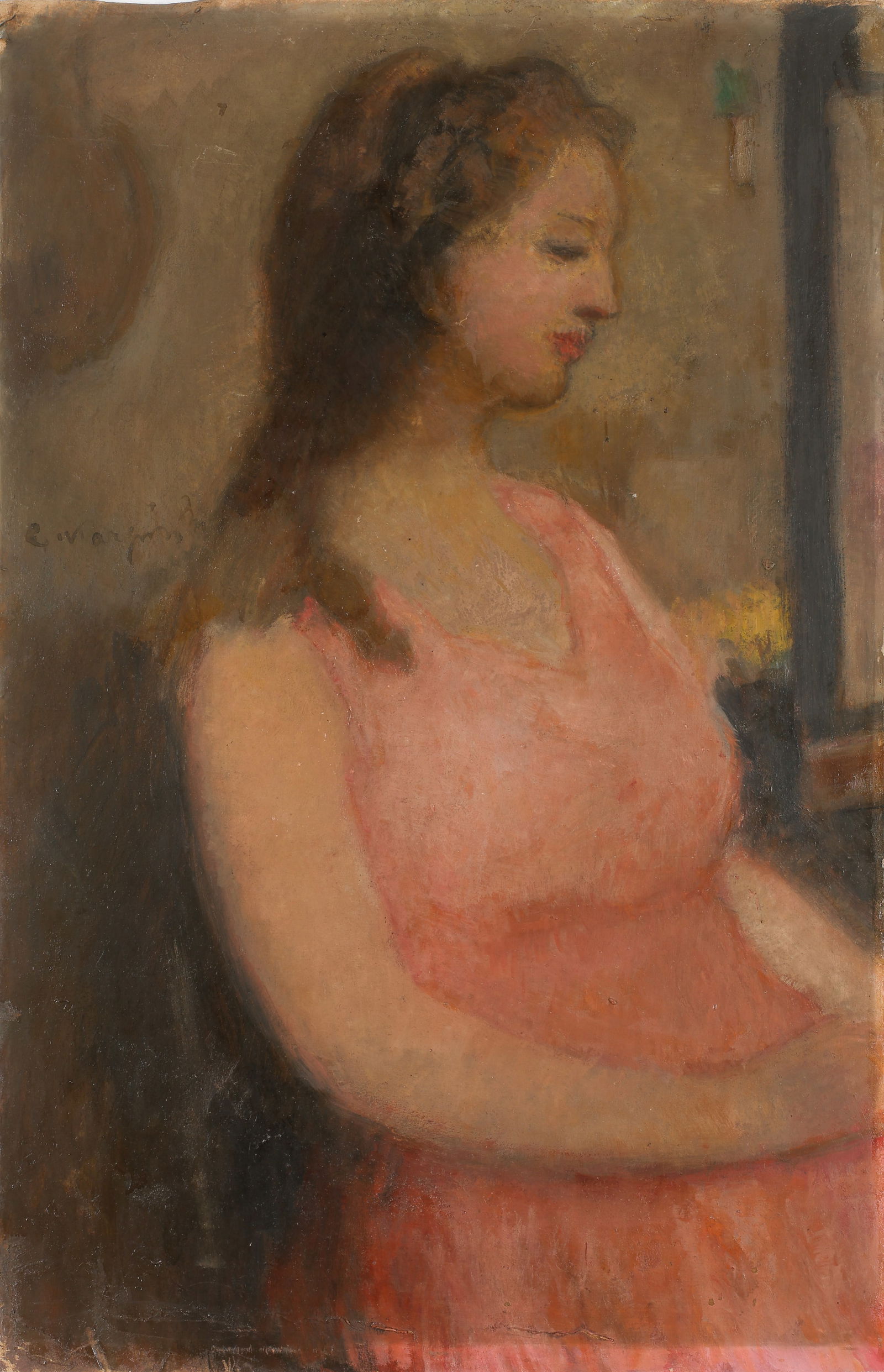 Alfons Karpinski (Polish, 1875-1961) Portrait, Oil Painting, 27" x 18": Alfons Karpinski (Polish, 1875-1961) Portrait Of A Young Woman, oil painting on board, signed. Unframed. Size: 27'' x 18'', 69 x 46 cm (board).