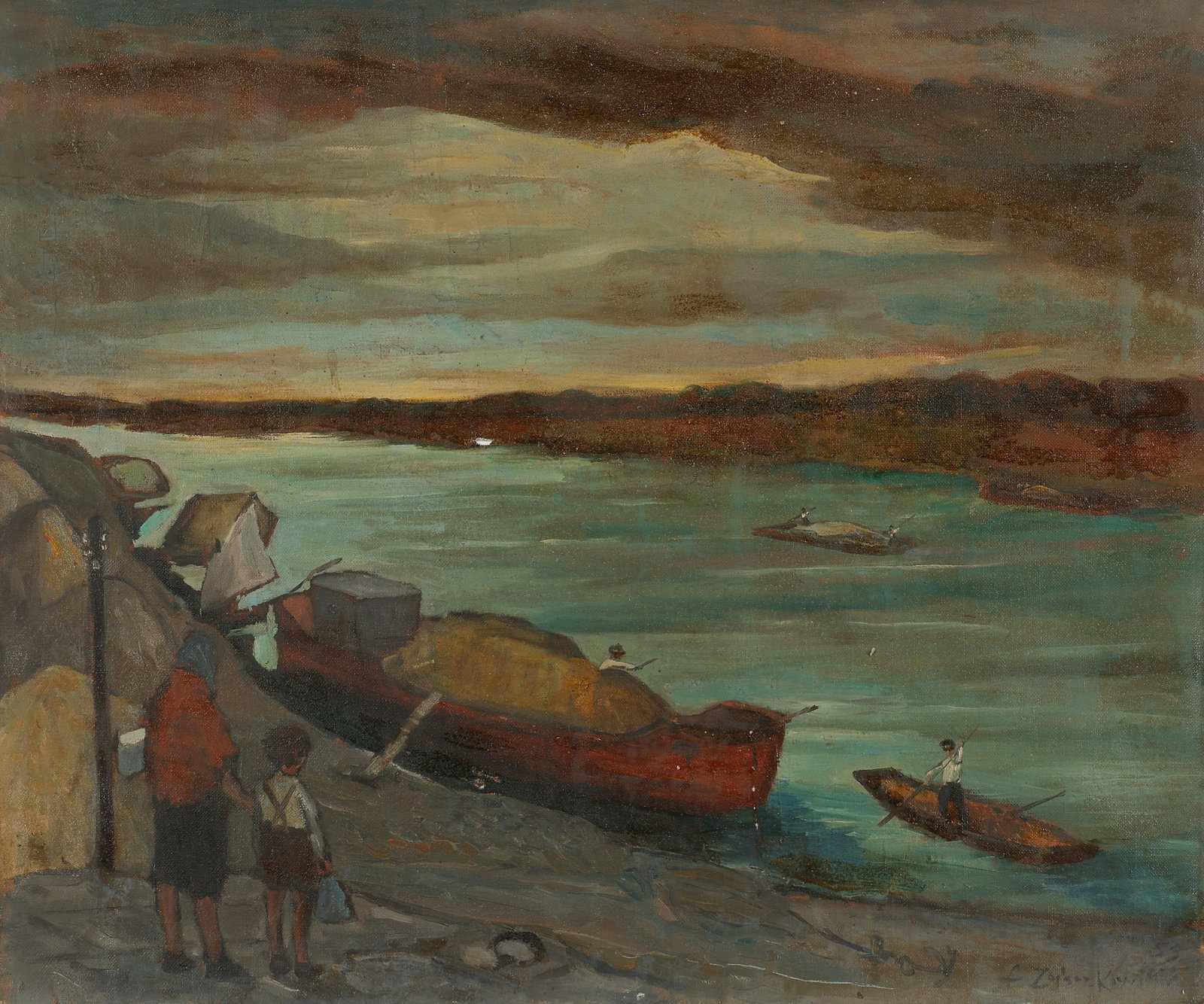 Leslaw Zajaczkowski (b. 1927, Poland) Shore Scene, Oil Painting, 18" x 22": Leslaw Zajaczkowski (b. 1927, Poland) Untitled (Shore Scene) 1955?, oil painting on unstretched canvas, signed and dated. Unframed. Size: 18'' x 22'', 46 x 56 cm (canvas).