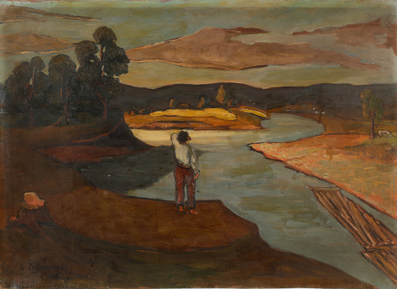 Leslaw Zajaczkowski (b. 1927, Poland) Figure By A River, Oil Painting, 20" x 27": Leslaw Zajaczkowski (b. 1927, Poland) Untitled (Figure Overlooking A River) oil painting on un-stretched canvas, signed. Unframed. Size: 20'' x 27'', 51 x 69 cm (canvas).