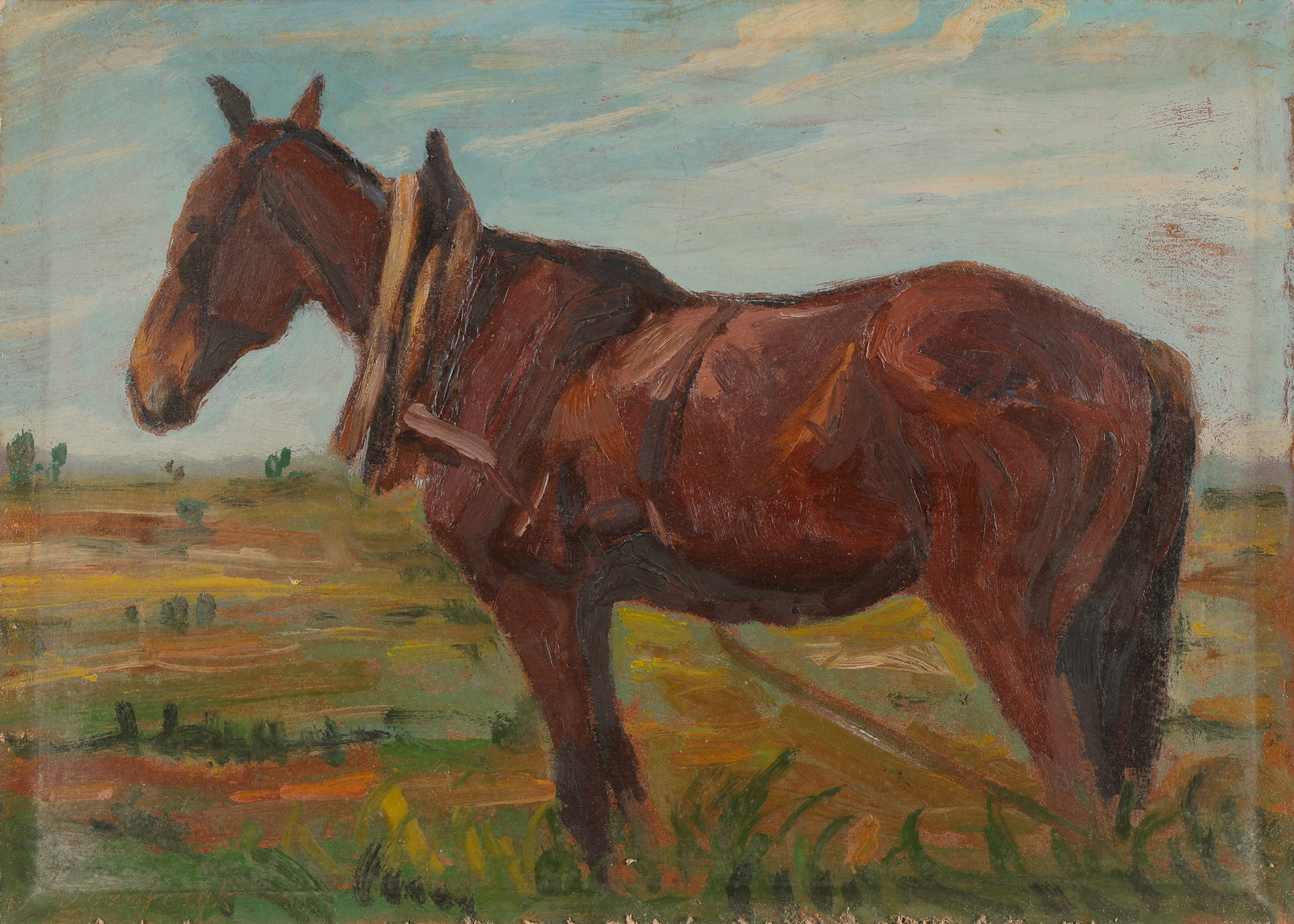 Zygmunt Jozefczyk (Polish, 1881-1966) Farm Horse, Oil Painting, 9" x 13": Zygmunt Jozefczyk (Polish, 1881-1966) Farm Horse, oil on board, signed: "Z Jozefczyk" l.l. Unframed. Size: 9" x 13'', 24 x 33 cm (board).