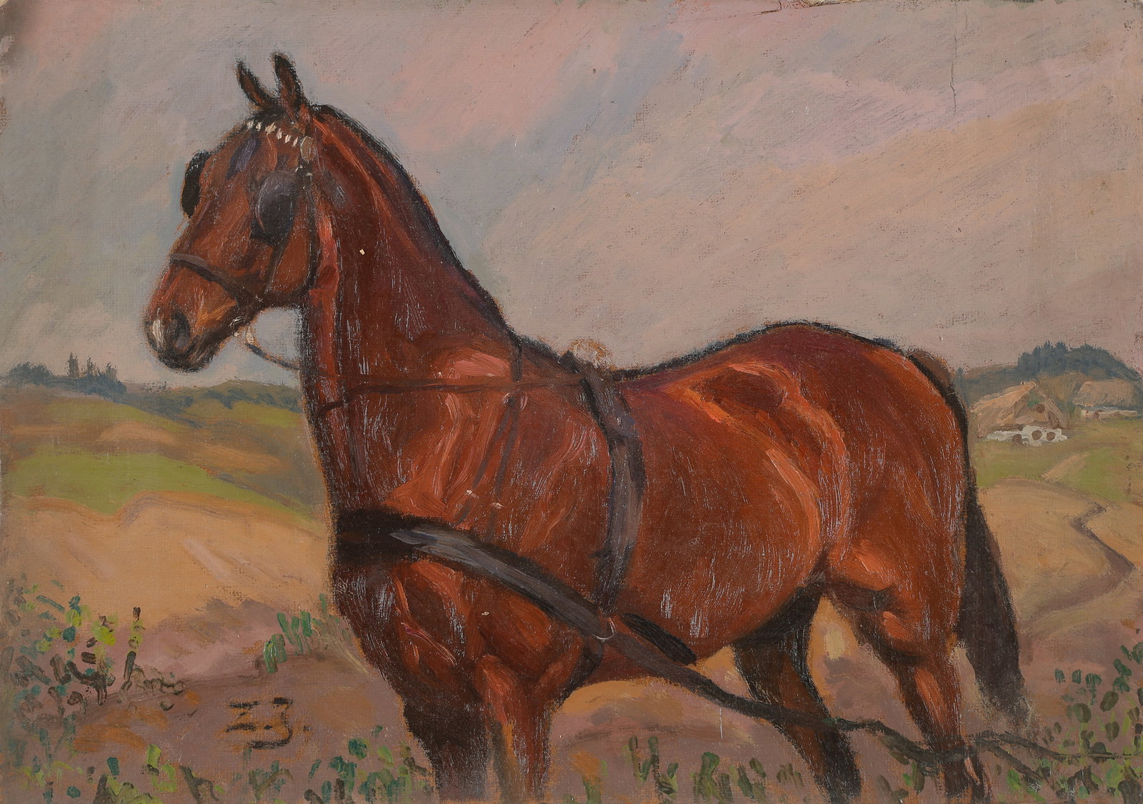 Zygmunt Jozefczyk (Polish, 1881-1966) Farm Horse, Oil Painting, 8" x 11: Zygmunt Jozefczyk (Polish, 1881-1966) Farm Horse, oil on board, signed: "Z J". Unframed. Size: 8'' x 11'', 21 x 29 cm (board).