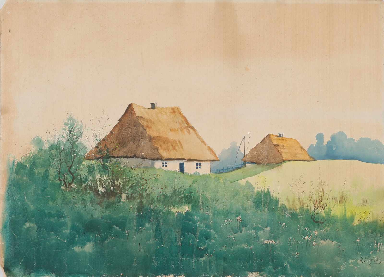 Continental Landscape Painting, Watercolor, 19" x 26": Continental Landscape Painting. Watercolor painting on paper, signed. Unframed. Size: 19'' x 26'', 48 x 66 cm (sheet).