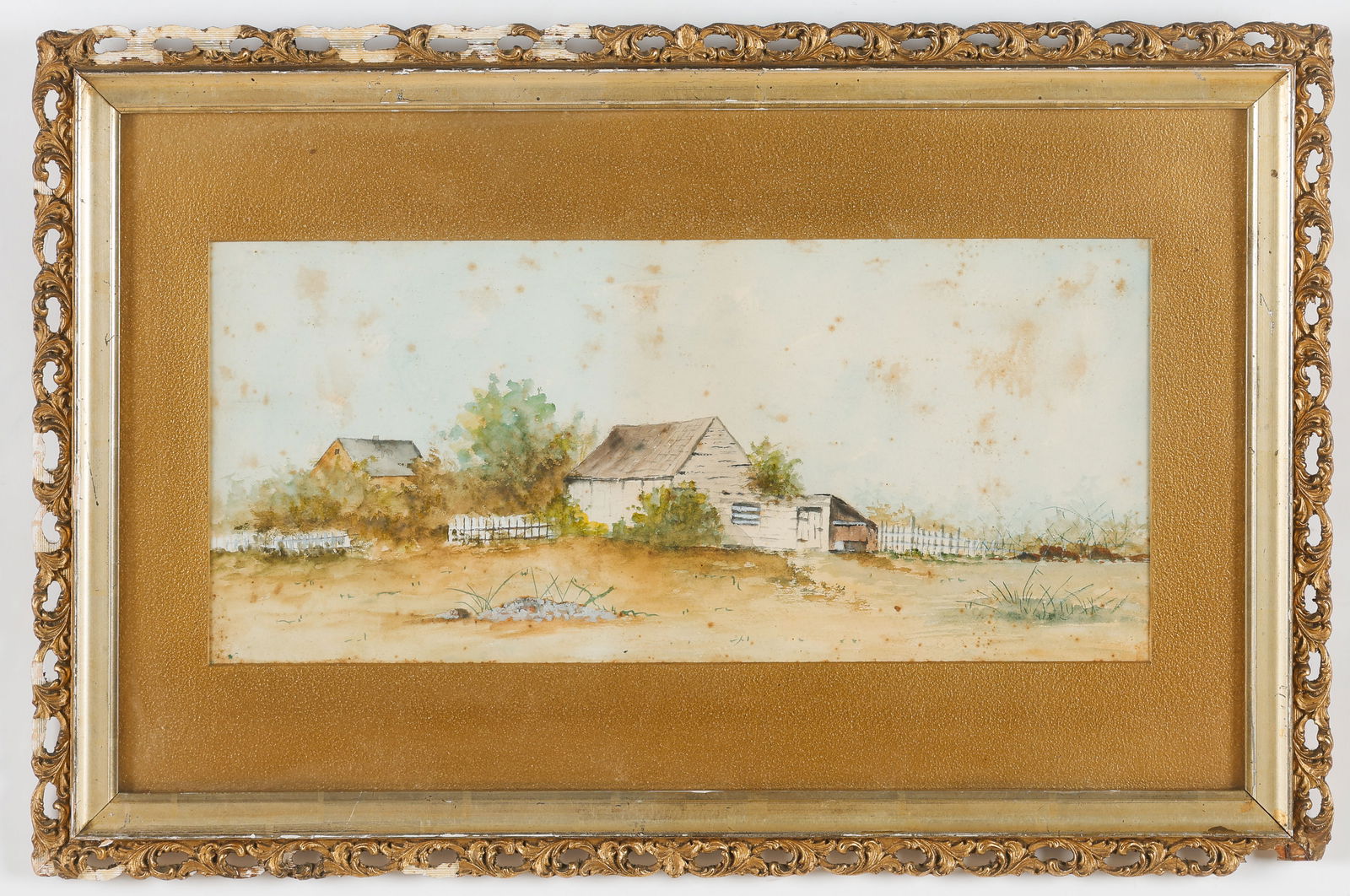 Antique Painting, Farm House, Watercolor, 10" x 21" (1 of 2)