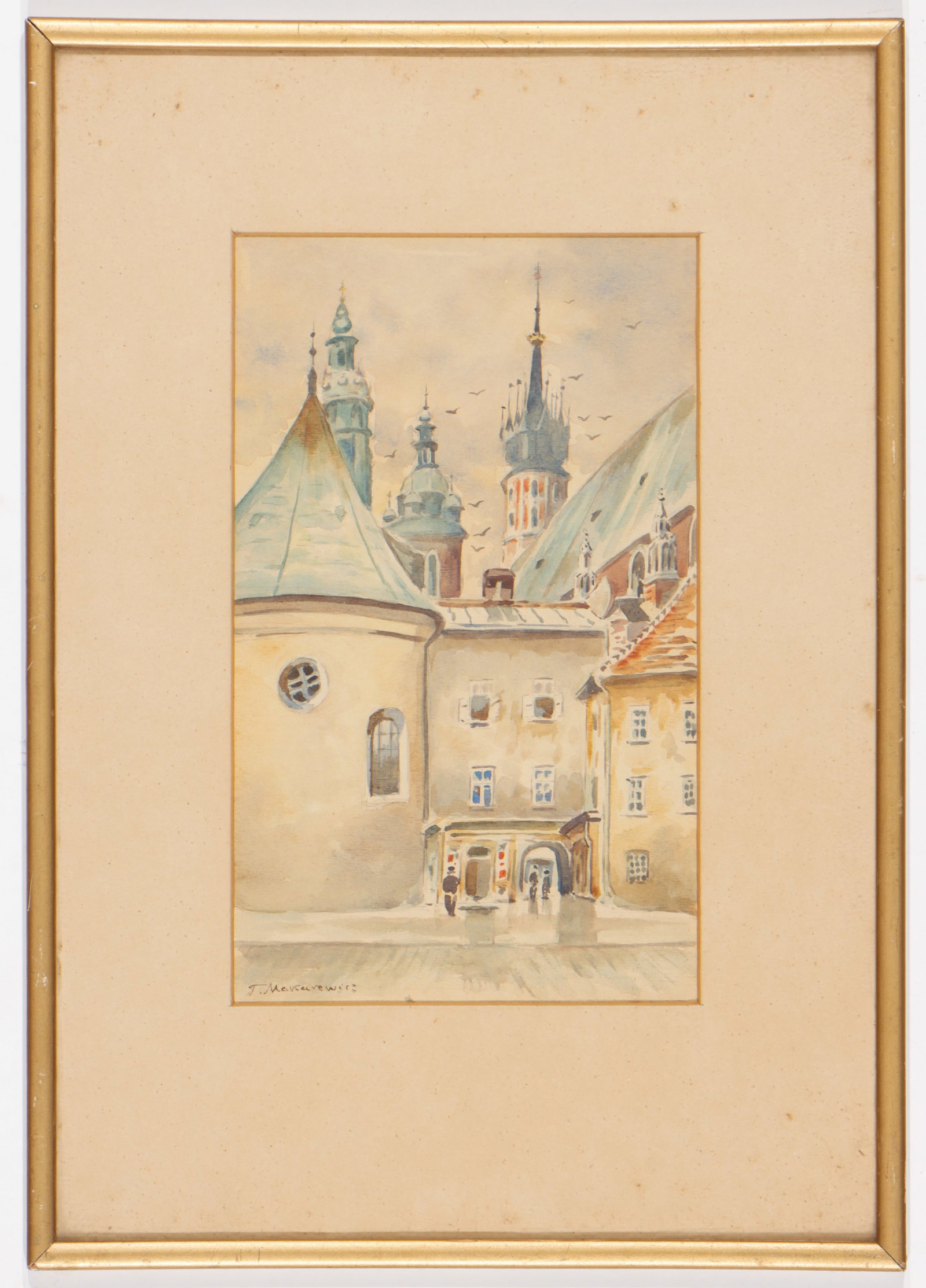 Tadeusz Makarewicz (Polish, 20th C.) Krakow, Poland, Watercolor, 12" x 7": Tadeusz Makarewicz (Polish, 20th c.) "Maly Rynek w Krakowie," Krakow, Poland Street Scene, watercolor painting on paper, signed. Framed. Size: 12'' x 7'', 30 x 18 cm (image); 19.5'' x 13.75'', 50 x 35