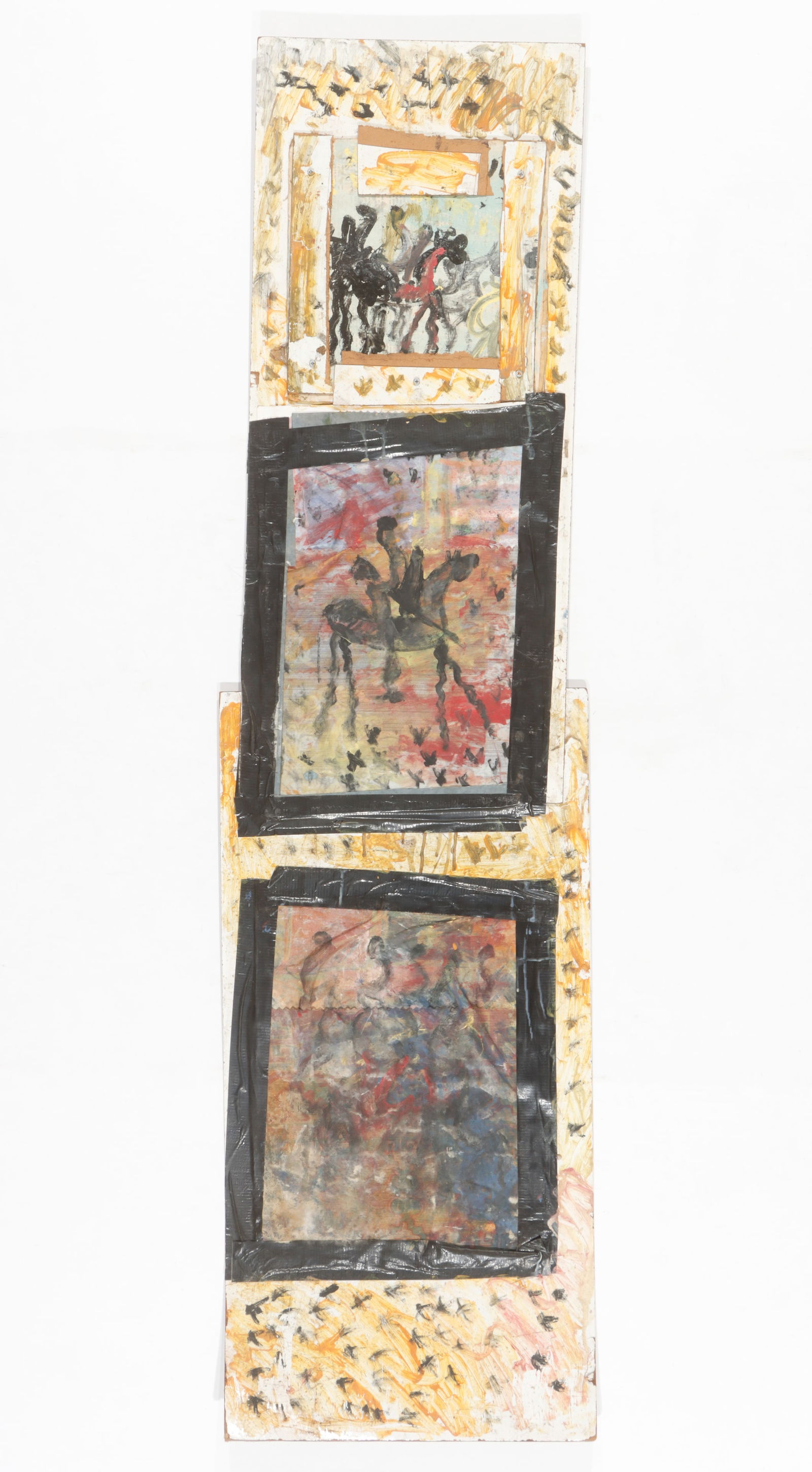 Purvis Young (American, 1943-2010) Assemblage, 66" x 18": Purvis Young (American, 1943-2010) Mixed media assemblage painting on board, cardboard and fabric, unsigned. Unframed. Size: 66'' x 18'' (168 x 46 cm).