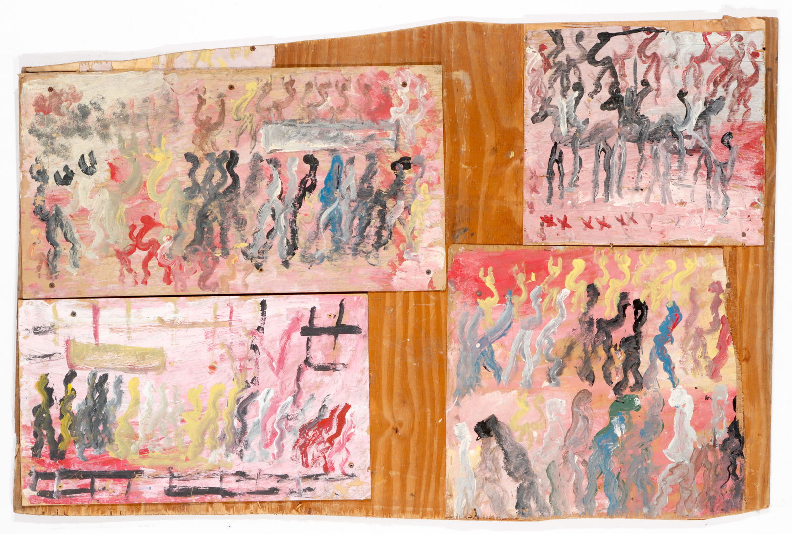 Purvis Young (American, 1943-2010) Assemblage, 32" x 48": Purvis Young (American, 1943-2010) Mixed media assemblage painting on board, unsigned. Unframed. Size: 32'' x 48'' (81 x 122 cm).