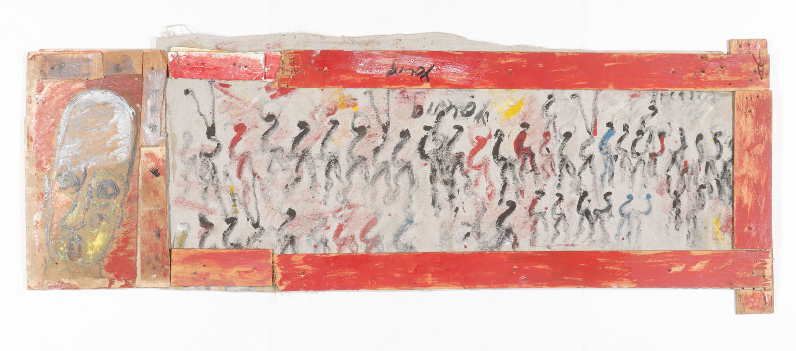 Purvis Young (American, 1943-2010) Assemblage, 27" x 71": Purvis Young (American, 1943-2010) Mixed media assemblage painting on board, cardboard and fabric, signed. Unframed. Size: 27'' x 71'' (69 x 180 cm).