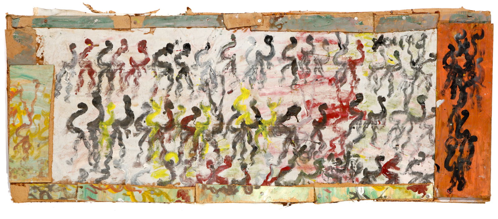 Purvis Young (American, 1943-2010) Assemblage, 21" x 55": Purvis Young (American, 1943-2010) Mixed media assemblage painting on board, canvas and cardboard, unsigned. Unframed. Size: 21'' x 55'' (53 x 140 cm).