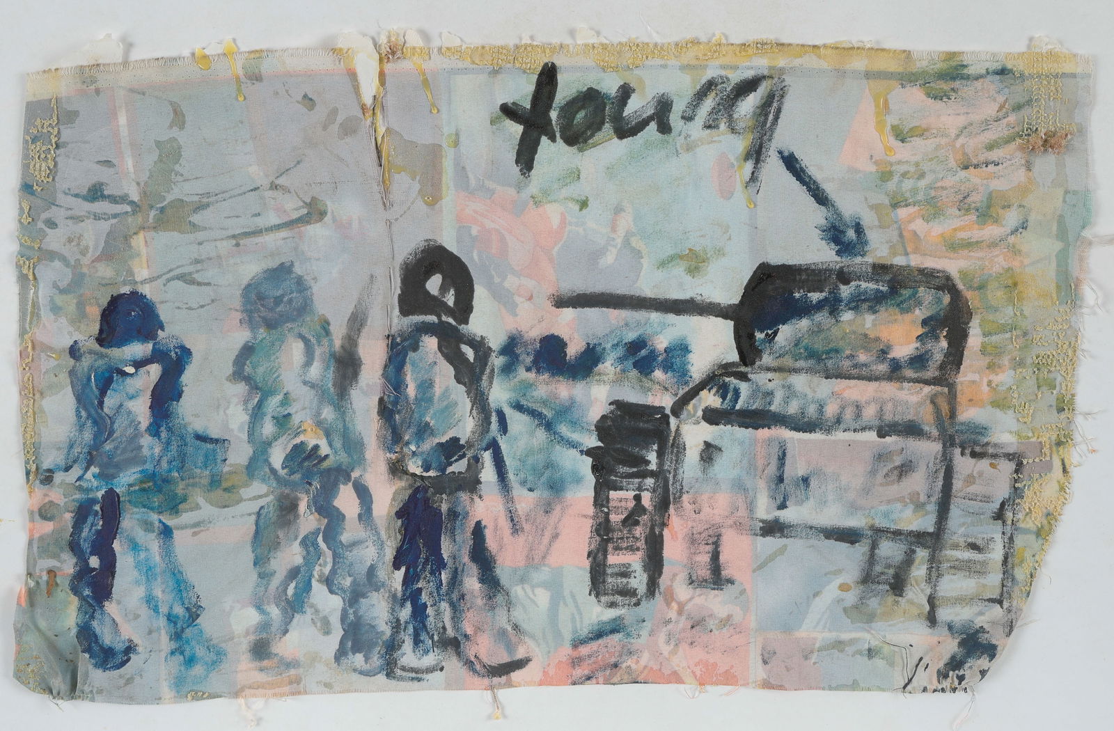 Purvis Young (American, 1943-2010) Mixed Media Painting, 16" x 26": Purvis Young (American, 1943-2010) Mixed media painting on fabric, signed. Unframed. Size: 16'' x 26'' (41 x 66 cm).