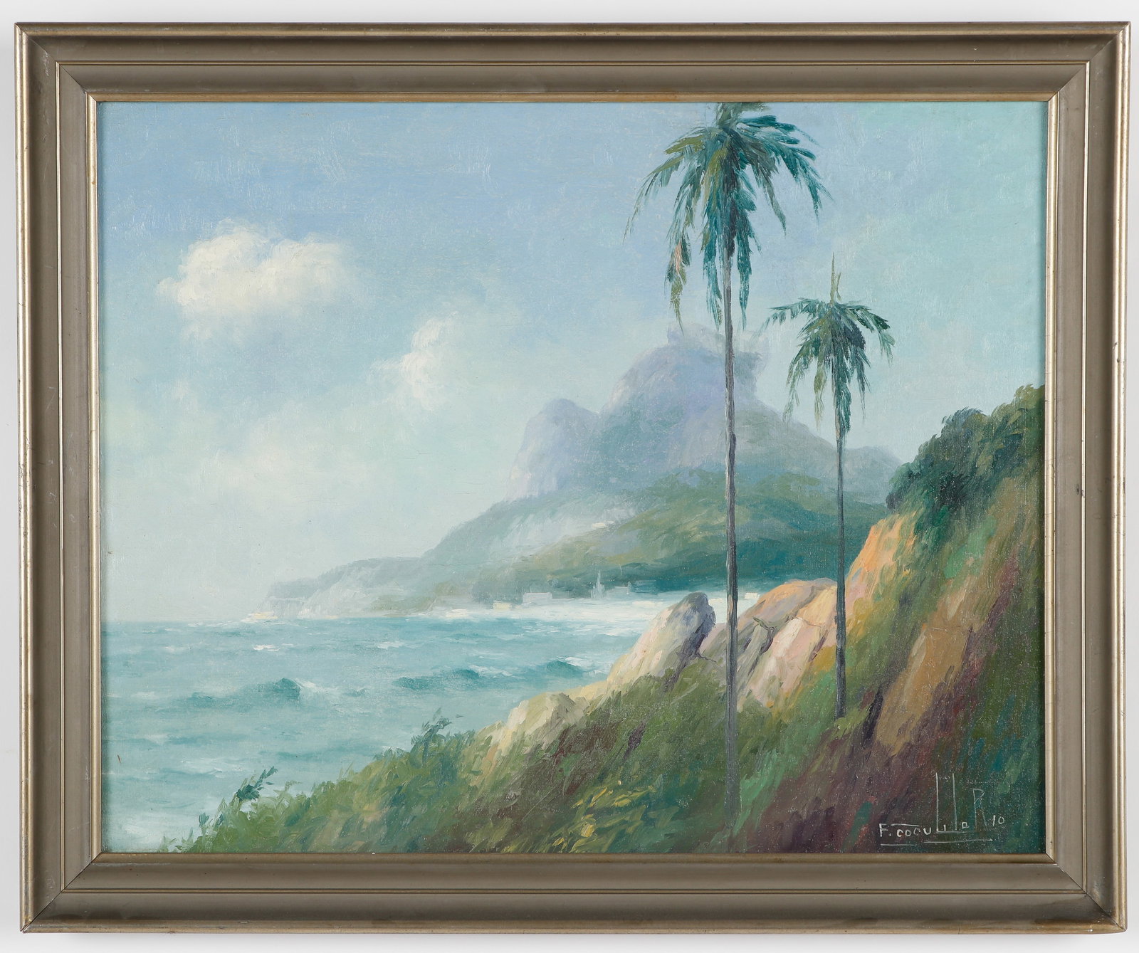 Francisco Coculilo (Brazilian, 1895-1969) "Rio" Oil Painting, 15" x 19": Francisco Coculilo (Brazilian, 1895-1969) "Rio," oil on canvas, signed. Framed. Size: 15.25'' x 19'', 39 x 48 cm (sight); 18.25'' x 22.25'', 46 x 57 cm (frame).