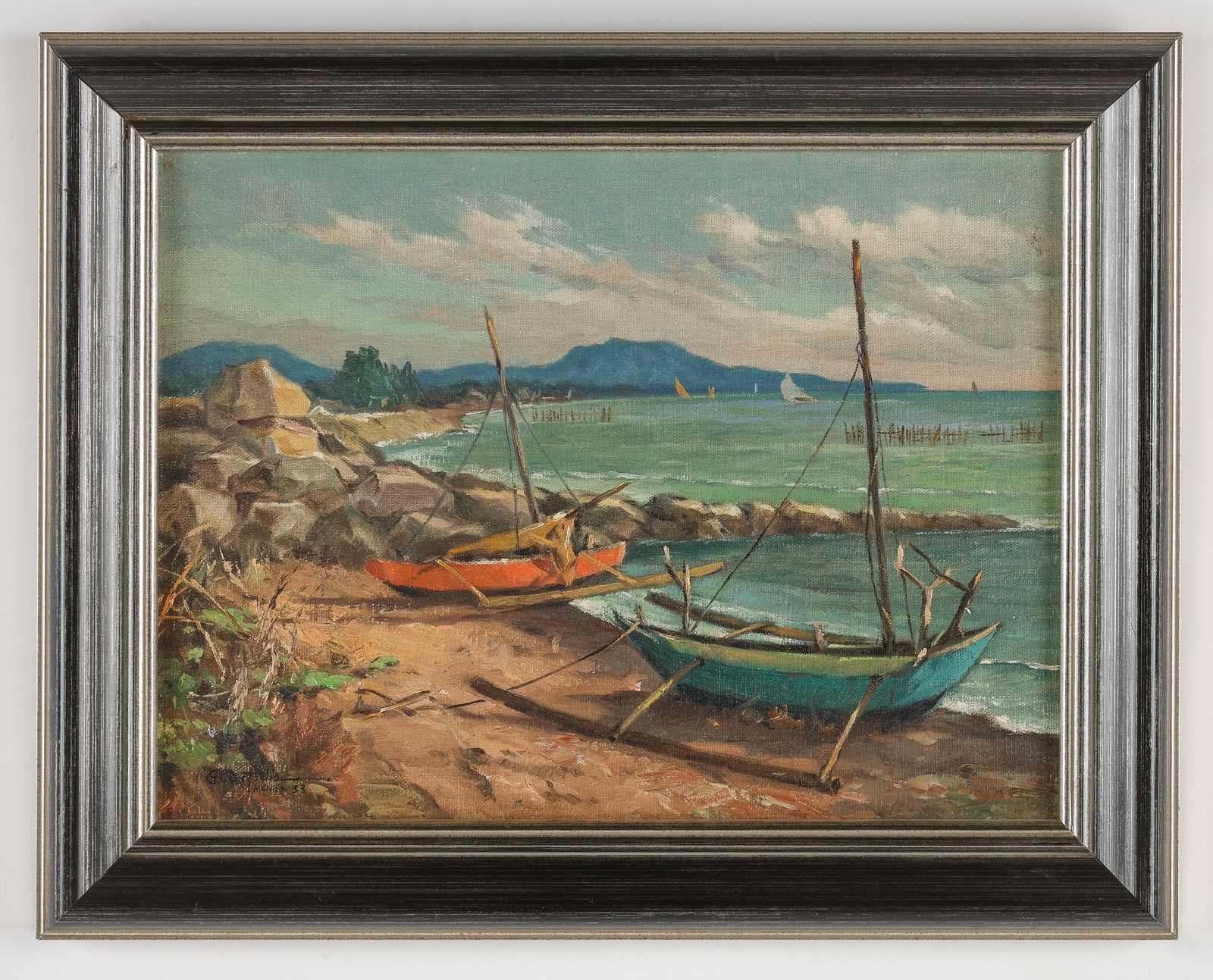 Gabriel Custodio (Filipino, 1912-1993) Coastal View, 1953, Oil Painting, 11" x 15": Gabriel Custodio (Filipino/Philippines, 1912-1993) Coastal View with Boats, 1953, oil painting on canvas panel, signed and dated. Framed. Size: 11'' x 15'', 29 x 39 cm (sight); 15.5'' x 19.75'', 39 x