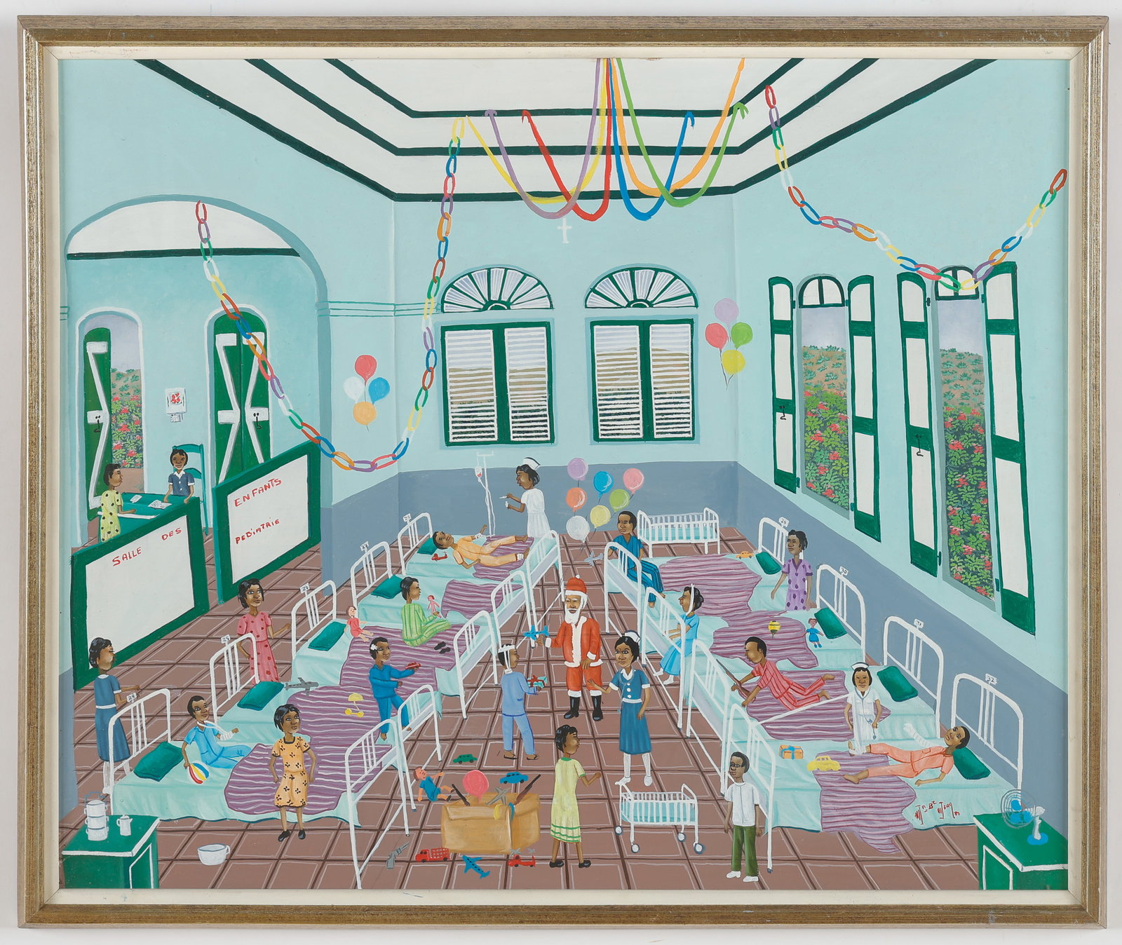 Jean-Baptiste Jean (Haitian/Haiti) Oil Painting, 20" x 24": Jean-Baptiste Jean (Haitian, 1953-2002) "Salle Des Enfants Pediatrie," 1989, oil painting on masonite board, signed, dated. Framed. Size: 20'' x 24'', 51 x 61 cm (board); 21.75'' x 25.75'', 55 x 65 cm