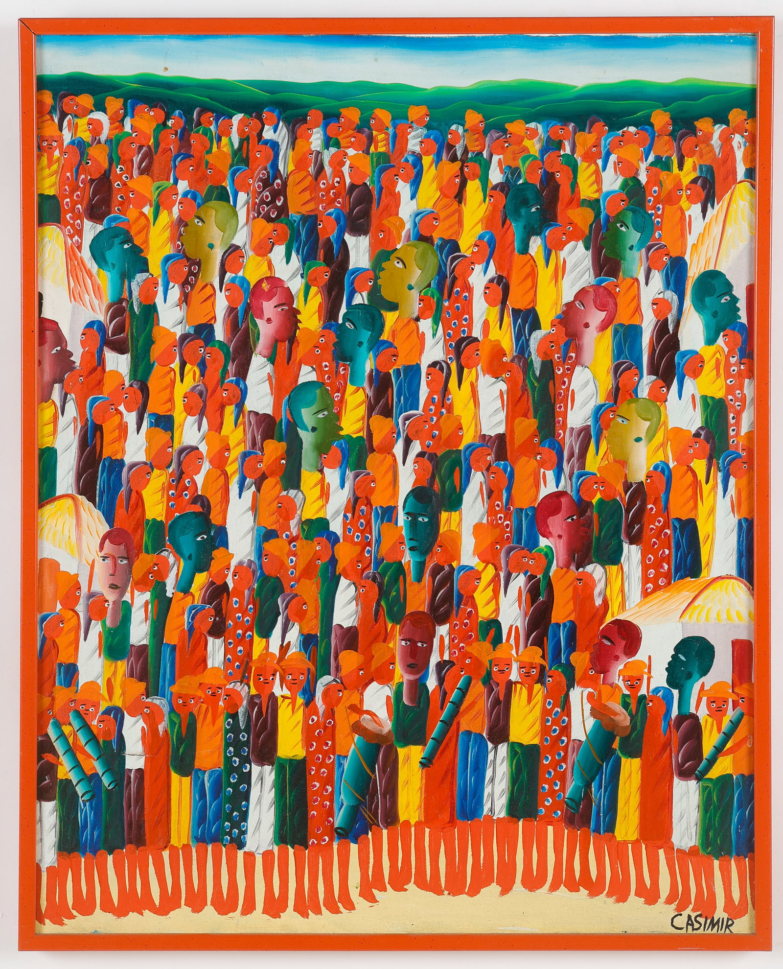 Laurent Casimir (Haitian/Haiti) Market Scene, Oil Painting, 30" x 24": Laurent Casimir (Haitian, 1928-1990) Untitled (Market Scene), oil painting on canvas, signed. Framed. Size: 30'' x 24'', 76 x 61 cm (stretcher); 31'' x 24.75'', 79 x 63 cm (frame). Provenance: Galerie