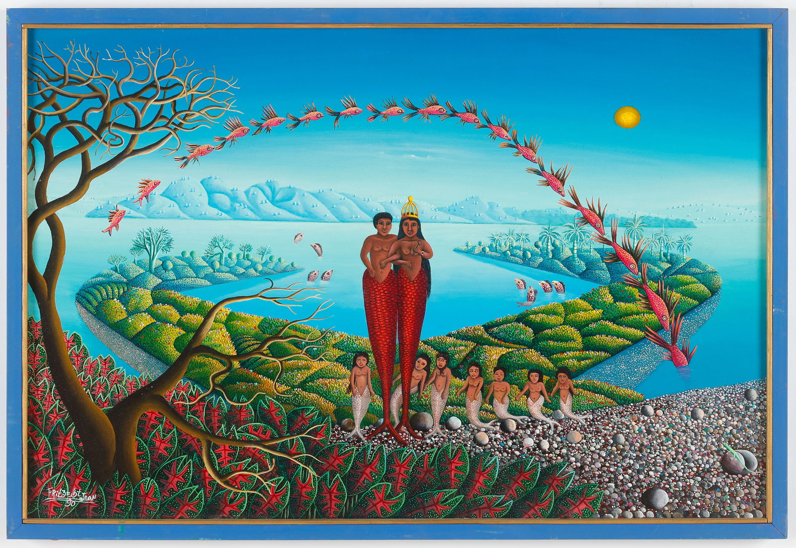 Fritz Saint Jean (Haitian/Haiti) Oil Painting, 24" x 36": Fritz Saint Jean (Haitian, 1954-2017) Untitled, 1990, acrylic painting on canvas, signed and dated. Framed. Size: 24'' x 36'', 61 x 91 cm (stretcher); 25.5'' x 37.5'', 65 x 95 cm (frame). Provenance: