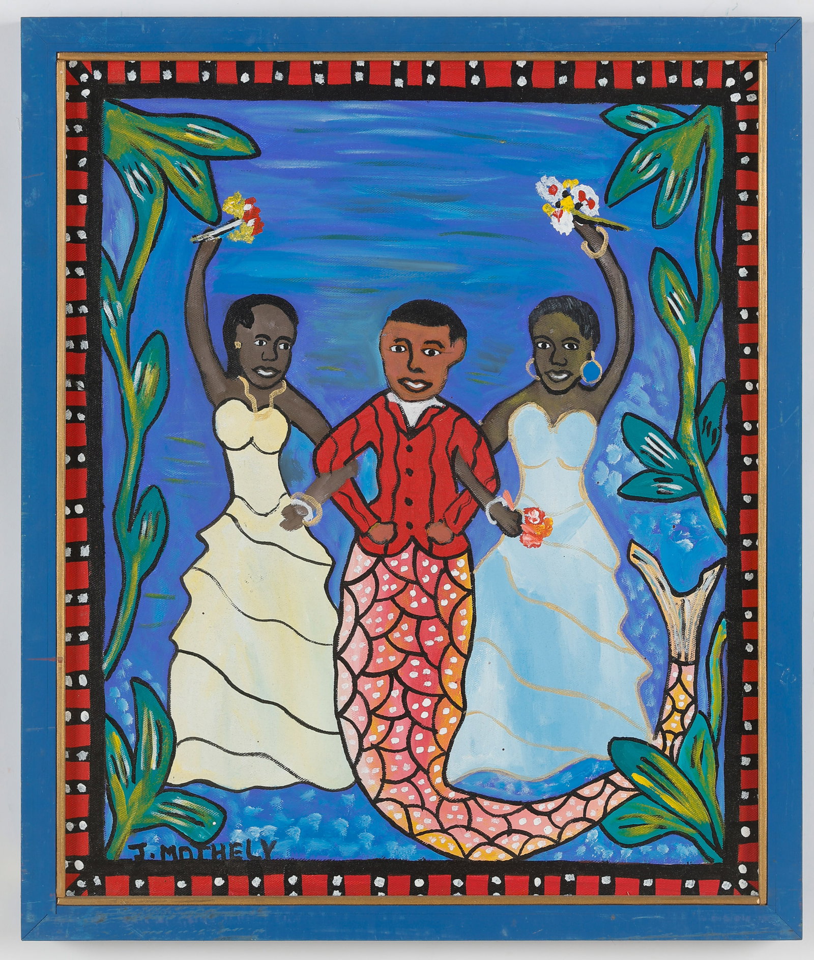 J. Mathely (Haitian/Haiti) "Agoue & His Consorts" Oil Painting, 24" x 20": J. Mathely (Haitian, 20th c.) "Agoue & His Consorts," oil painting on canvas, signed. Framed. Size: 24'' x 20'', 61 x 51 cm (stretcher); 25.5'' x 21.5'', 65 x 55 cm (frame). Provenance: Galerie Macond