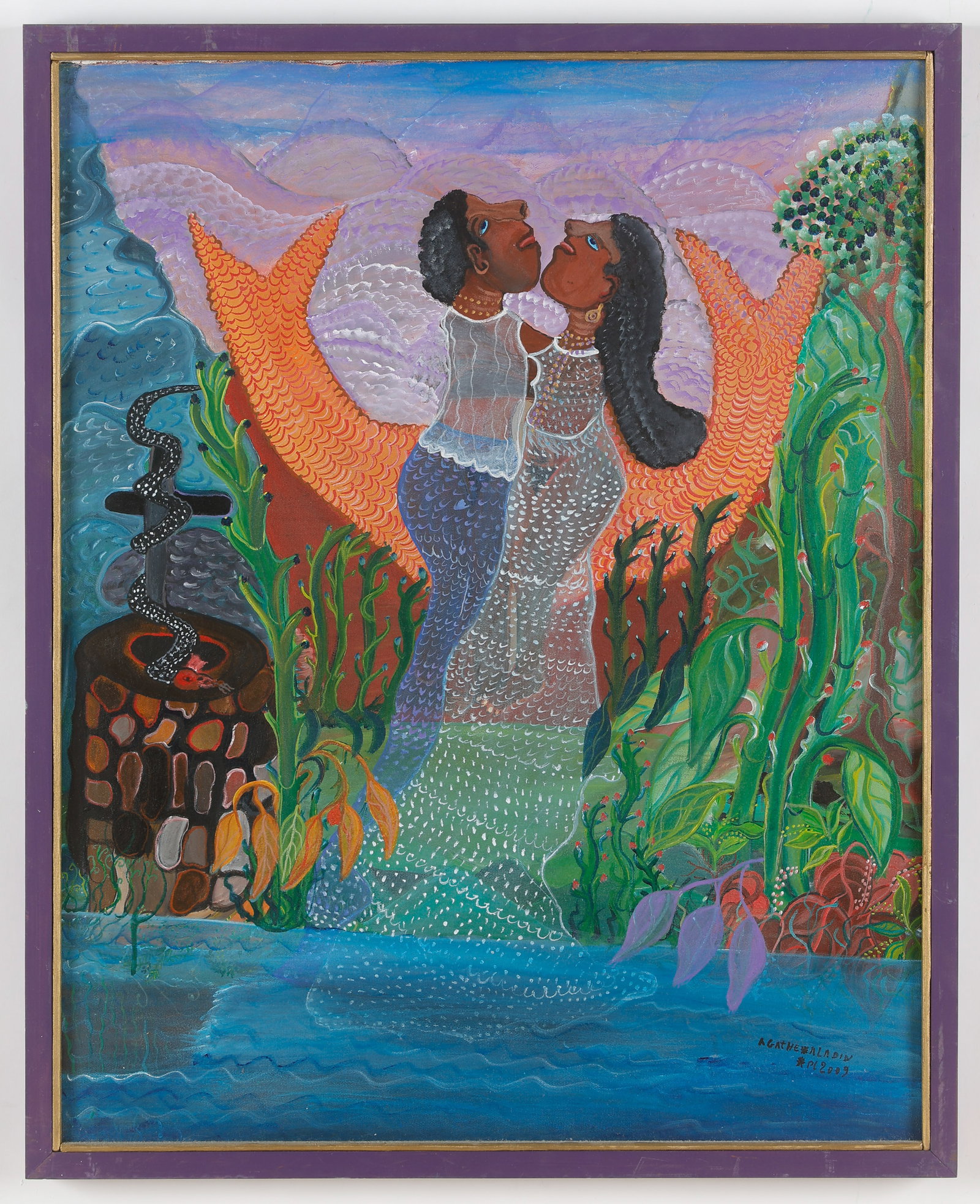 Agathe Aladin (Haitian/Haiti) Oil Painting, 30" x 24": Agathe Aladin (Haitian, b. 1967) Untitled, 2009, oil painting on canvas, signed and dated. Framed. Size: 30'' x 24'', 76 x 61 cm (stretcher); 31.5'' x 25.5'', 80 x 65 cm (frame). Provenance: Galerie M