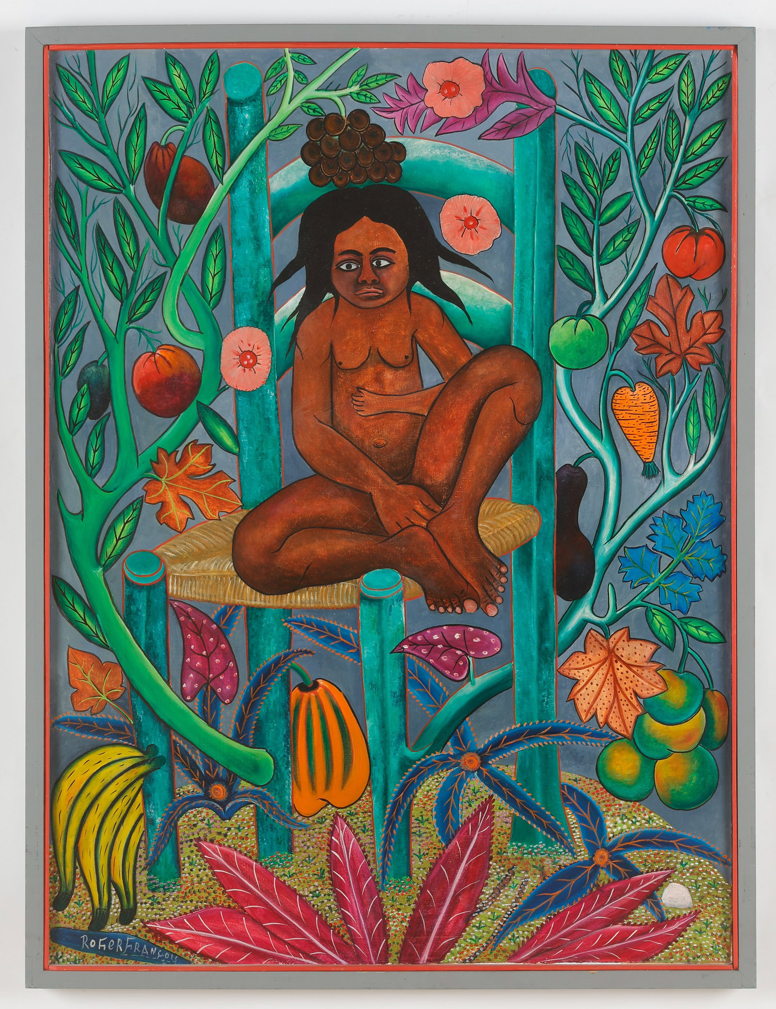Roger Francois (Haitian/Haiti) Oil Painting, 40" x 30": Roger Francois (Haitian, 1928-2013) Untitled, acrylic painting on canvas, signed. Framed. Size: 40'' x 30'', 102 x 76 cm (stretcher); 41.75'' x 31.75'', 106 x 81 cm (frame). Provenance: Galerie Macond