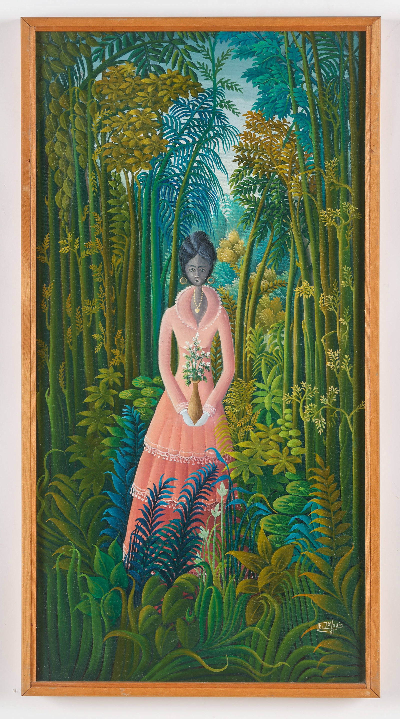 Eric Jean-Louis (Haitian/Haiti) Oil Painting, 30" x 15": Eric Jean-Louis (Haitian, 1957-2022) Untitled, 1981, oil painting on canvas, signed and dated. Framed. Size: 30'' x 15'', 76 x 38 cm (stretcher); 30.75'' x 16.25'', 78 x 41 cm (frame). Provenance: Gal