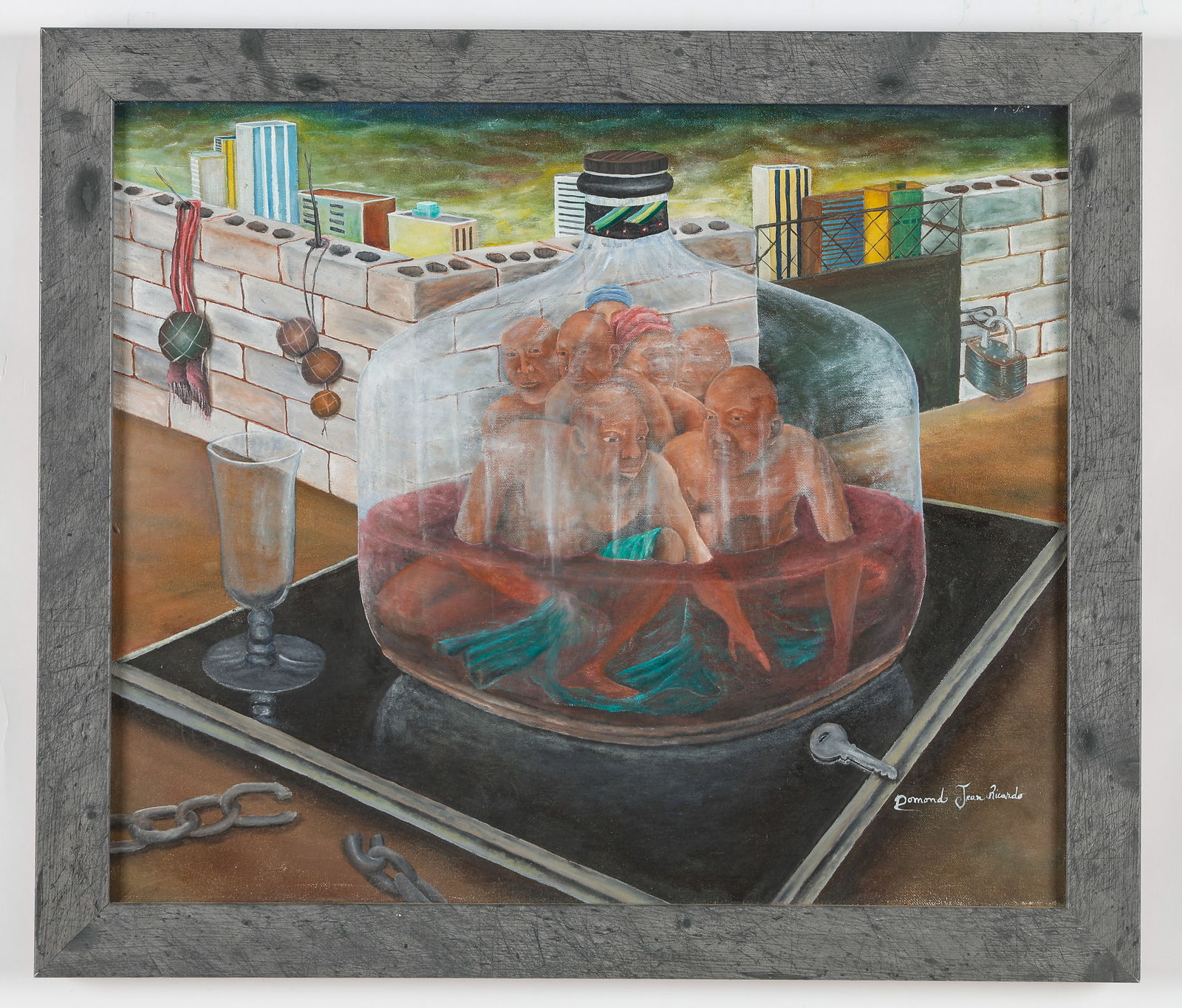 Domond Jean Ricardo (Haitian/Haiti) Oil Painting, 20" x 24": Domond Jean Ricardo (Haitian, 20th/21st c.) Untitled, oil painting on canvas, signed. Framed. Size: 20'' x 24'', 51 x 61 cm (stretcher); 23.5'' x 27.25'', 60 x 69 cm (frame). Provenance: Galerie Macon