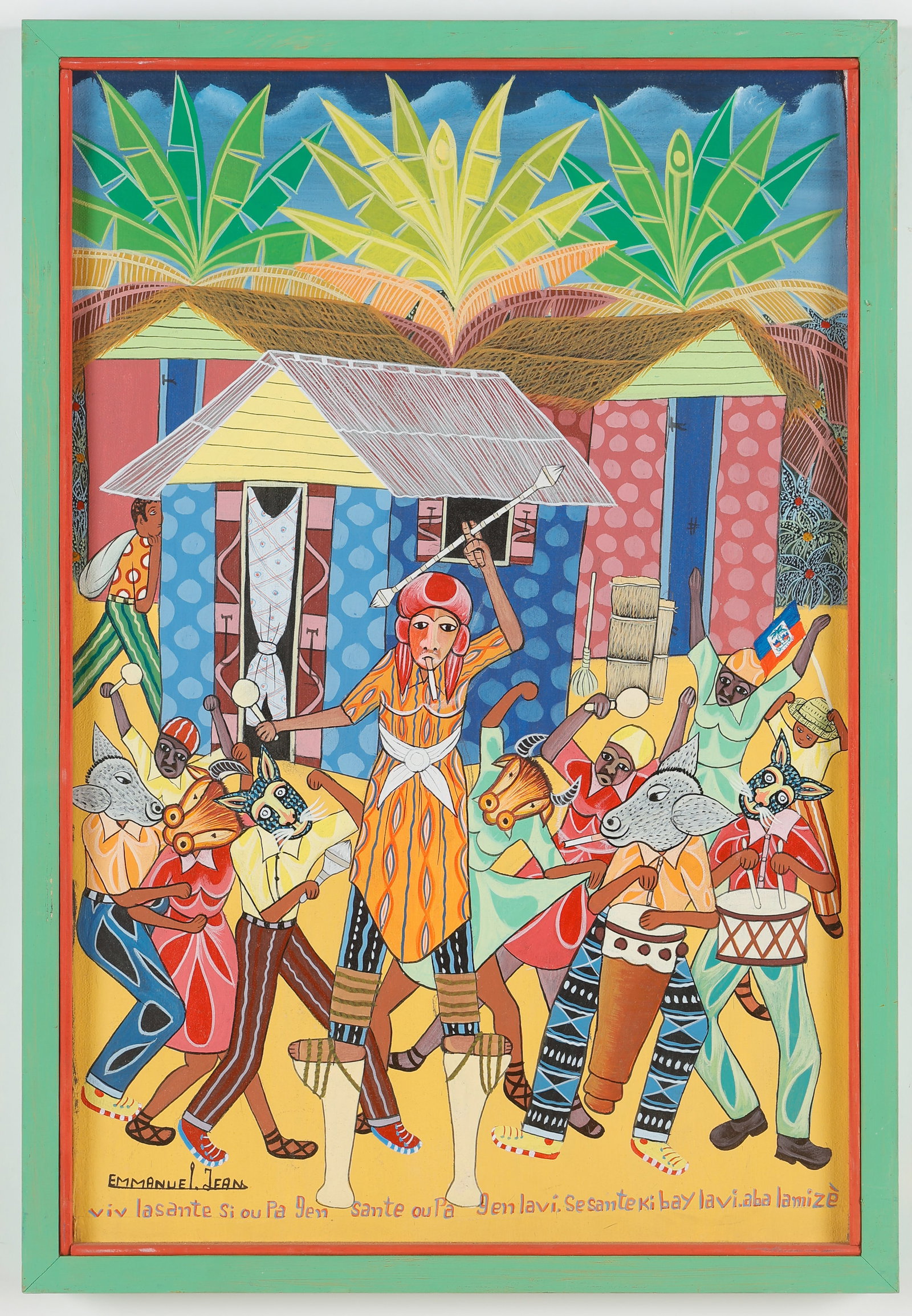 Emmanuel Jean (Haitian) "Sante," 2010, Oil Painting, 24" x 16": Emmanuel Jean (Haitian, b. 1965) "Sante," 2010, acrylic painting on canvas, signed. Framed. Bottom of painting reads: "Vive Health. If you don't have good health, you don't have life. Down with Misery