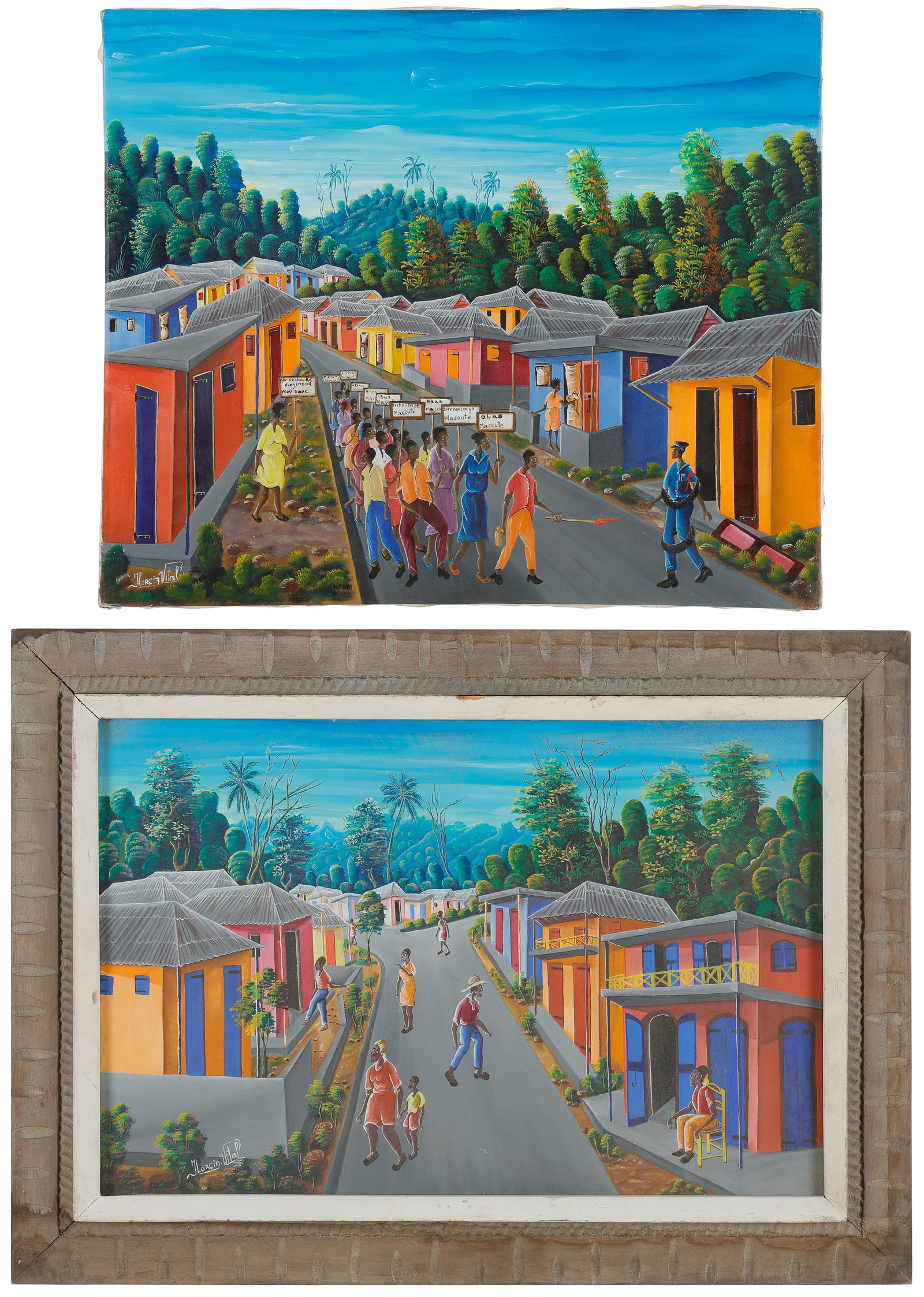 Lorcin Vital (Haitian/Haiti) 2 Oil Paintings, 20" x 24"; 16" x 24": Lorcin Vital (Haitian, 20th c.) 2 Works. 1) Untitled (Protest), oil painting on canvas, signed. Unframed. Size: 20'' x 24'', 51 x 61 cm (stretcher). 2) Untitled (Street Scene), oil painting on canvas,
