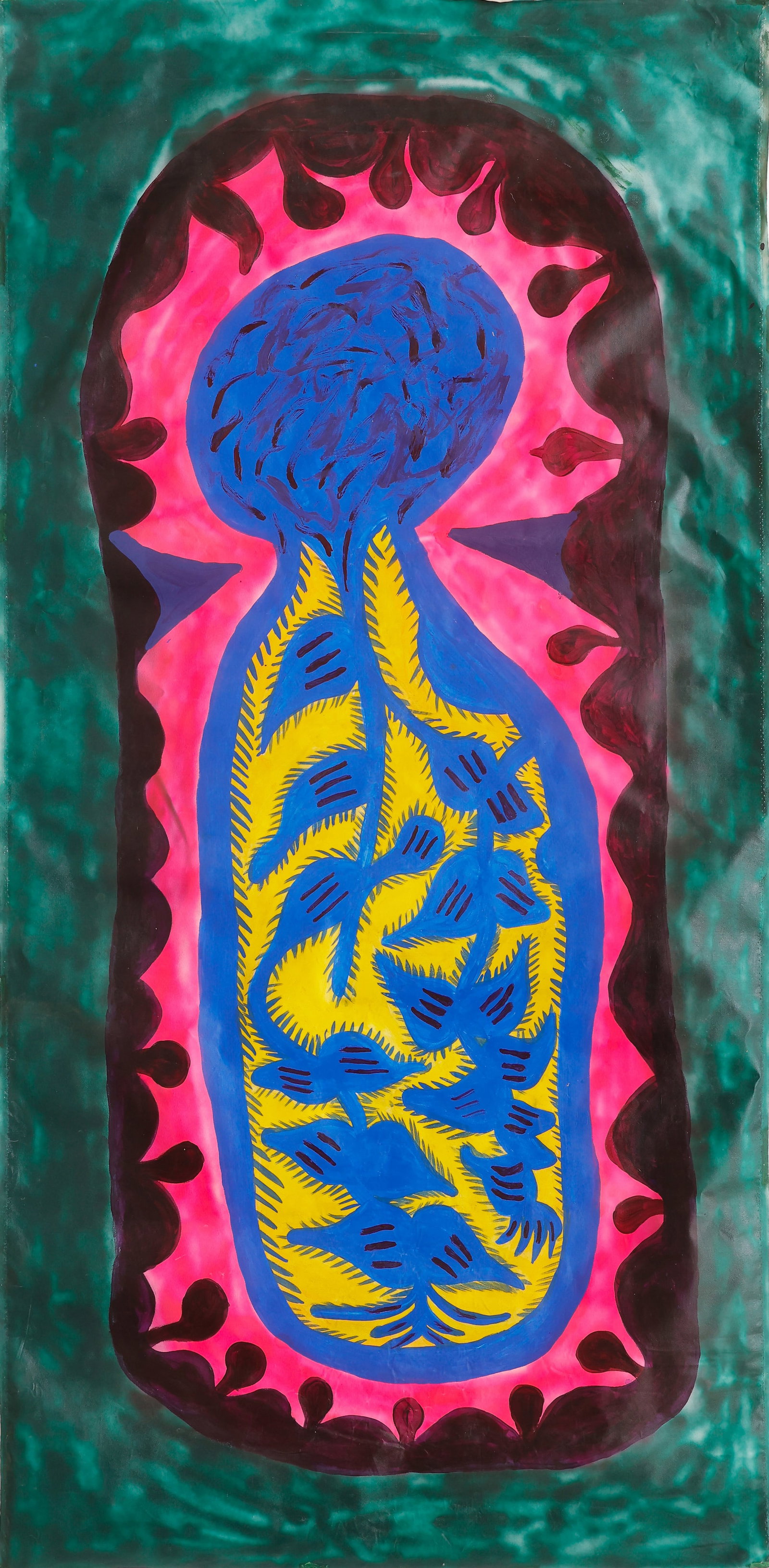 Guyodo (Haitian/Haiti) "Still Life, 2009, Large Oil Painting, 52" x 107": Guyodo (Haitian/Haiti) "Still Life with Vase of Flowers," 2009, acrylic painting on un-stretched canvas, signed and dated on verso. Unframed. Size: 52'' x 107'', 132 x 272 cm (stretcher). Provenance: